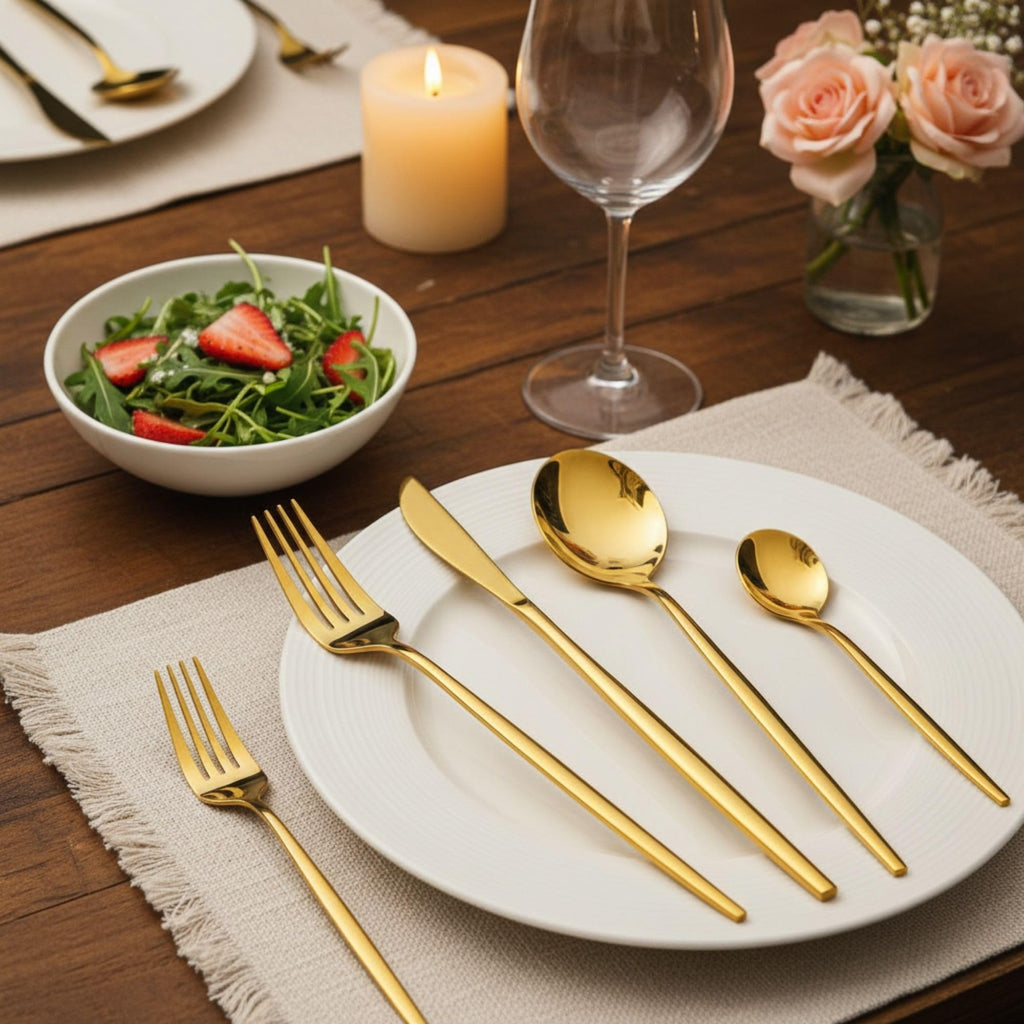 Manishaware Slim Handle Gold 20 Pcs Stainless Steel Cutlery Set for Dining Table, Dishwasher Safe Glossy Flatware (4 spoon set+4 forks set+4 Butter knife+4 Dessert Spoon+ 4 Fruit Fork)