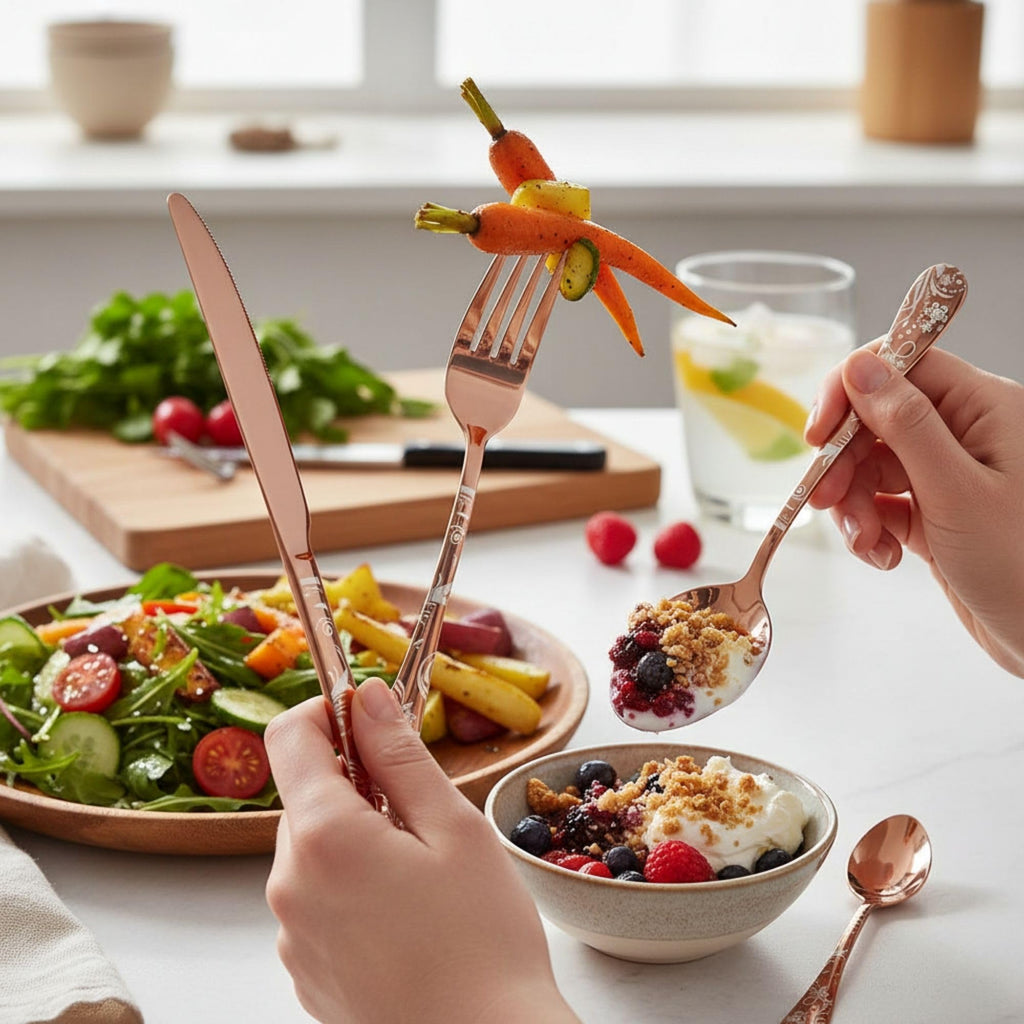 Manishaware Floral 30 Pcs Stainless Steel Cutlery Set for Dining Table, Dishwasher Safe Glossy Flatware (6 spoon set+6 forks set+6 Butter knife+6 Dessert Spoon+ 6 FruitFork)