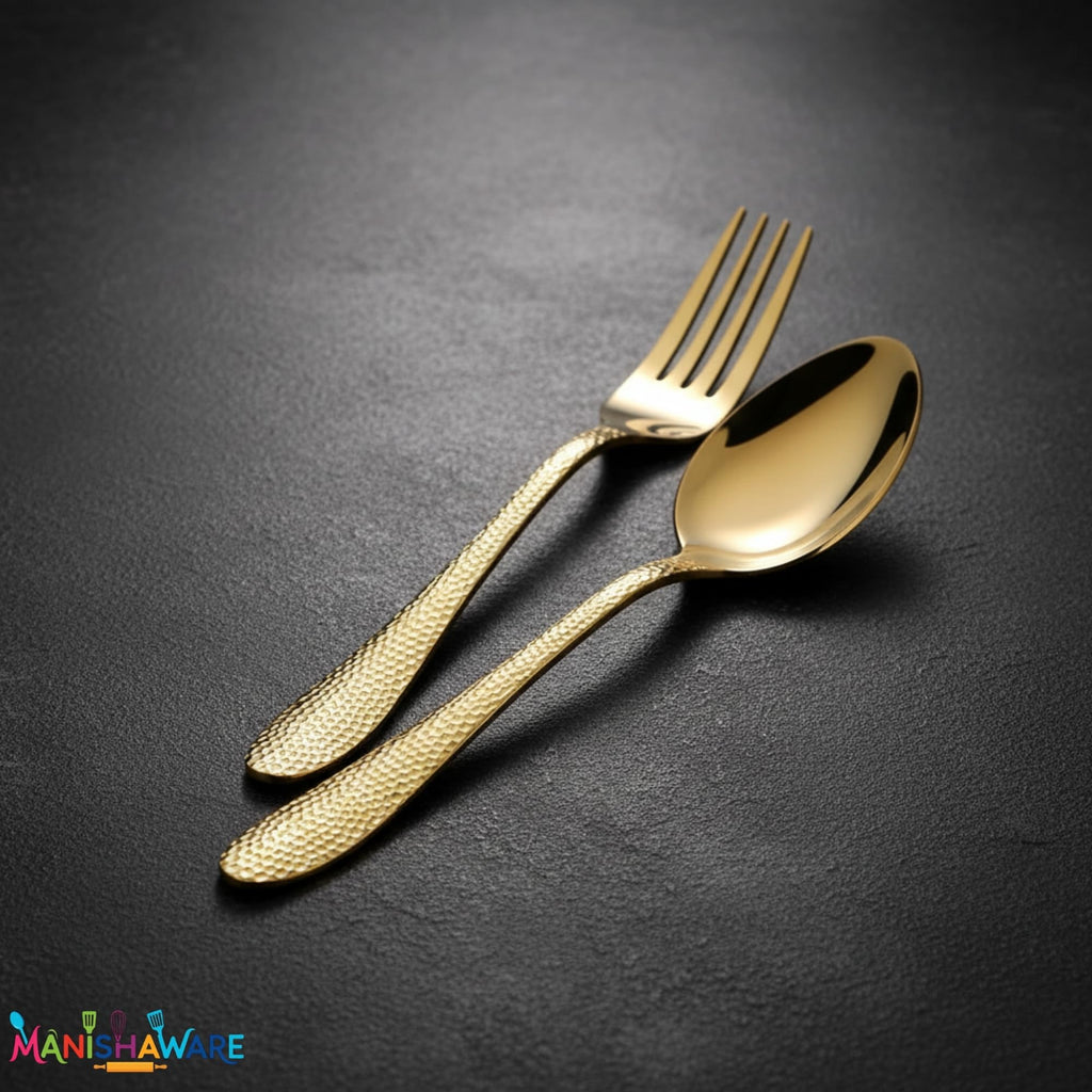Manishaware Hammered Gold 20 Pcs Stainless Steel Cutlery Set for Dining Table, Dishwasher Safe Glossy Flatware (4 spoon set+4 forks set+4 Butter knife+4 Dessert Spoon+ 4 Fruit Fork)