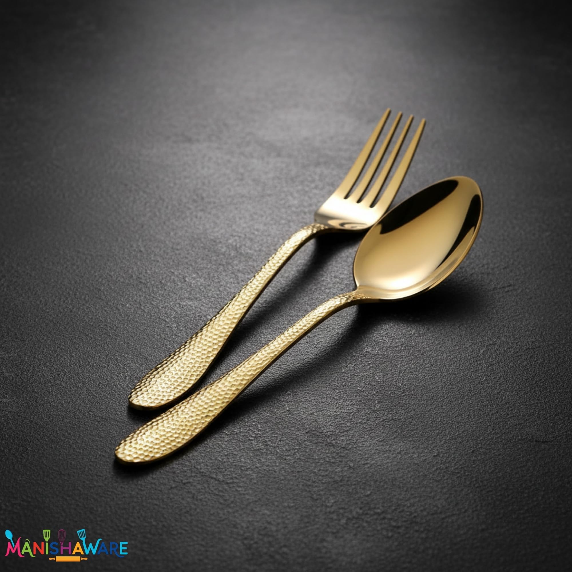 Manishaware Hammered Gold 20 Pcs Stainless Steel Cutlery Set for Dining Table, Dishwasher Safe Glossy Flatware (4 spoon set+4 forks set+4 Butter knife+4 Dessert Spoon+ 4 Fruit Fork)