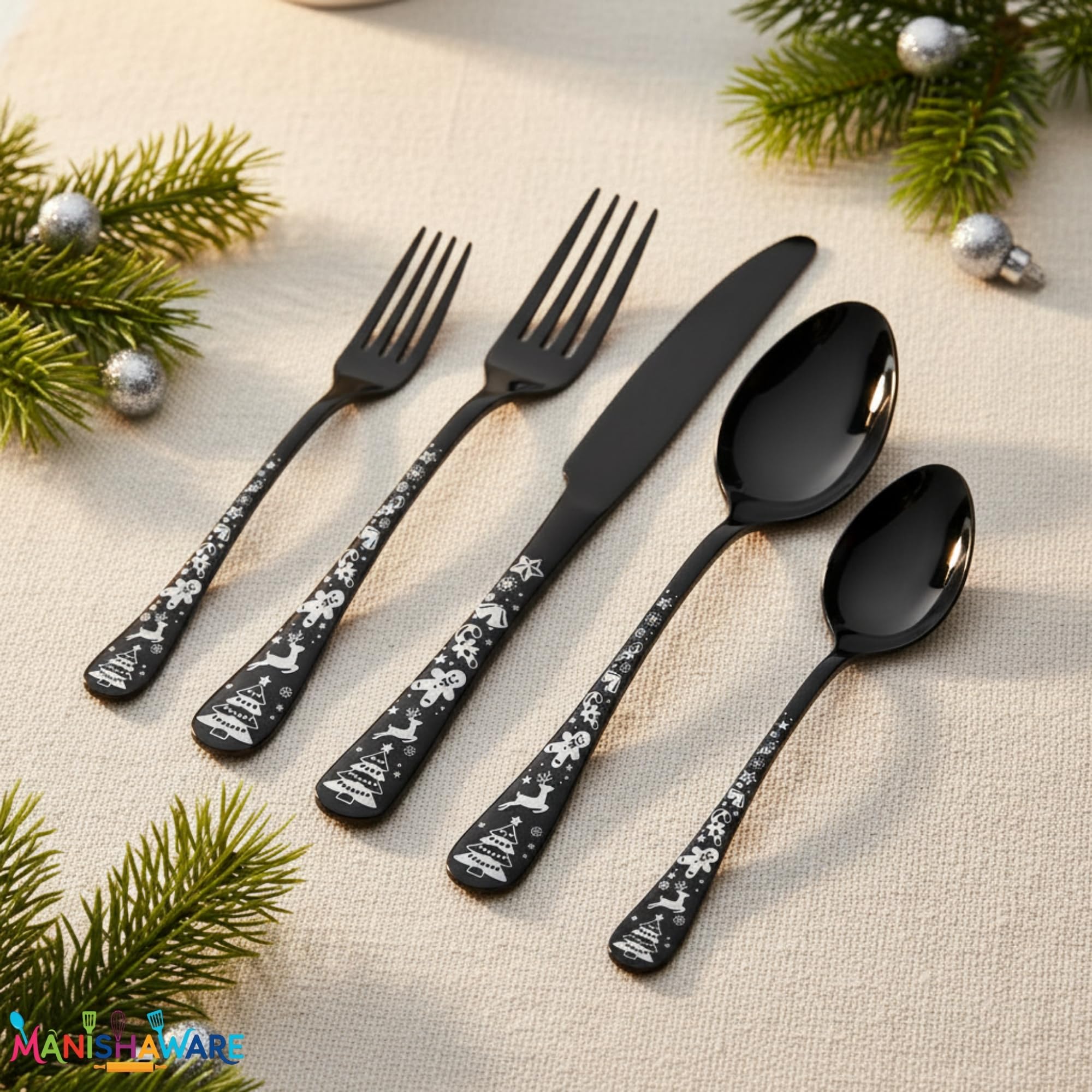 Manishaware Christmas Black 15 Pcs Stainless Steel Cutlery Set for Dining Table, Dishwasher Safe Glossy Flatware (3 spoon set+3 forks set+3 Butter knife+3 Dessert Spoon+ 3 Fruit Fork)