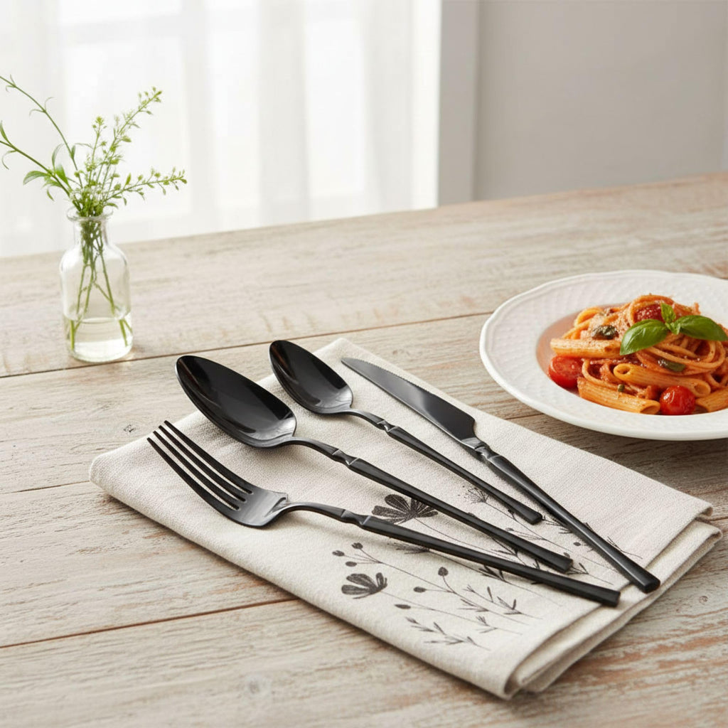 Manishaware Elegant Handle Black 20 Pcs Heavy duty Stainless Steel Cutlery Set for Dining table (5 pcs spoon set+5 pcs forks set+5 pcs Butter knife+5 pcs Dessert Spoon for kitchen)