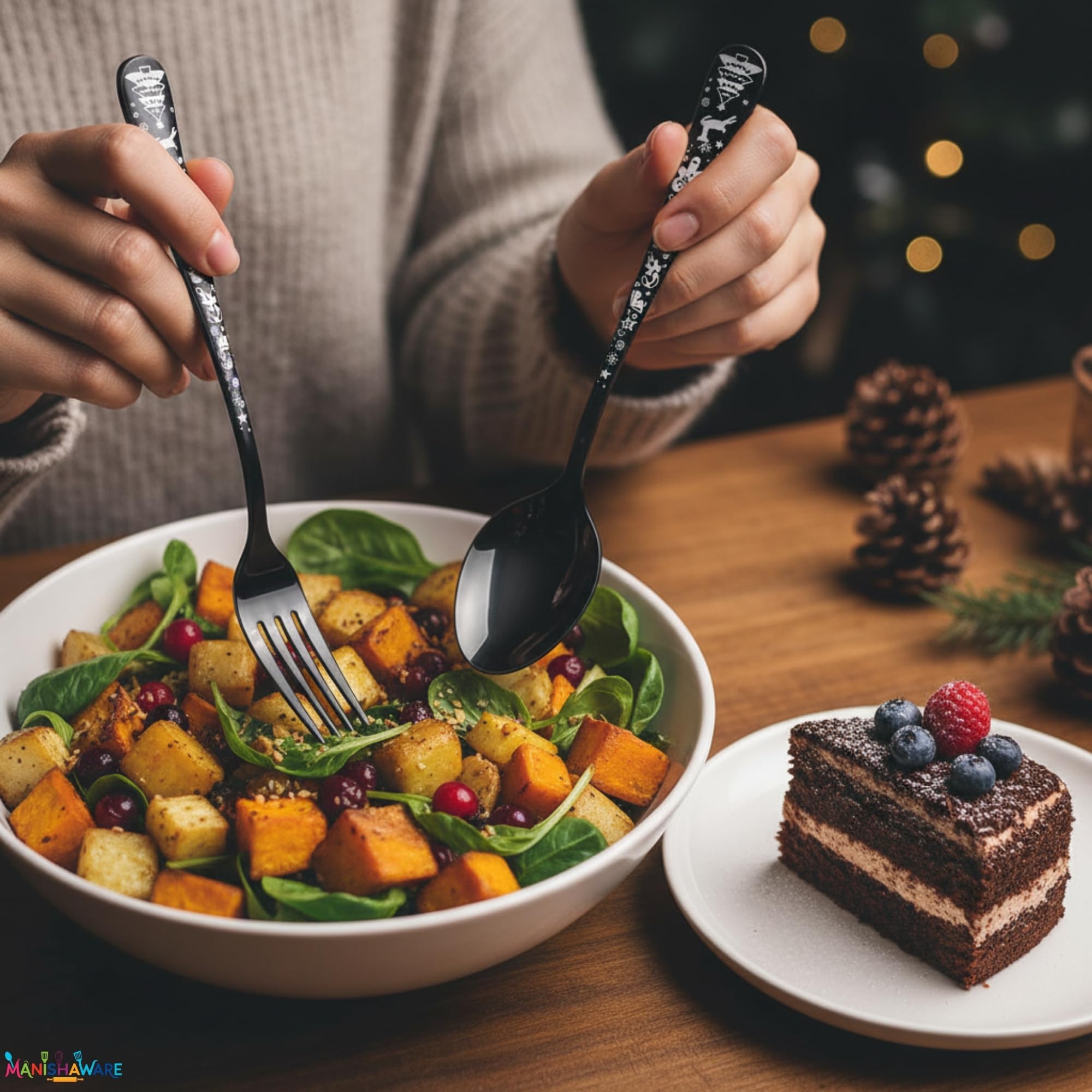 Manishaware Christmas Stainless Steel Cutlery Set for Dining Table, Dishwasher Safe Glossy Flatware (4 spoon set+4 forks set+4 Butter knife+4 Dessert Spoon+ 4 Fruit Fork)