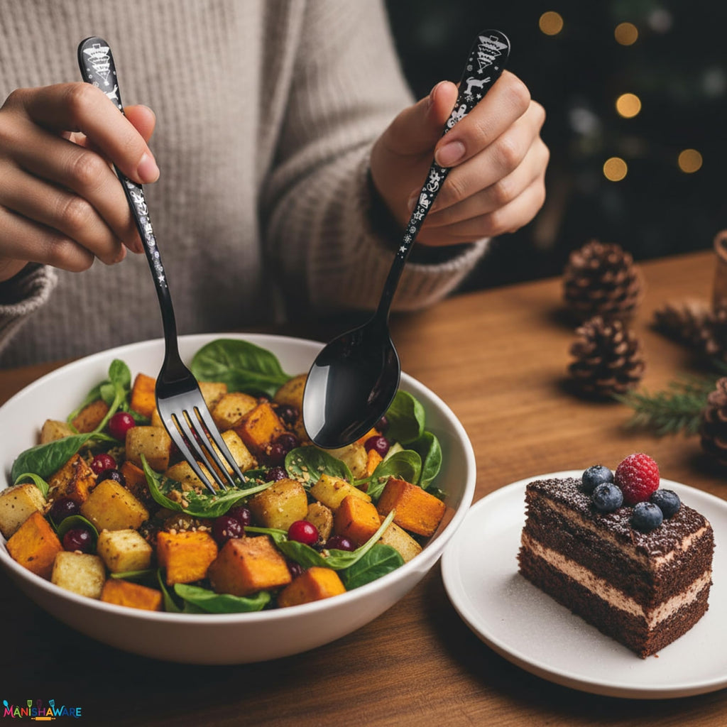 Manishaware Christmas Black 10 Pcs Stainless Steel Cutlery Set for Dining Table, Dishwasher Safe Glossy Flatware (2 spoon set+2 forks set+2 Butter knife+2 Dessert Spoon+ 2 Fruit Fork)