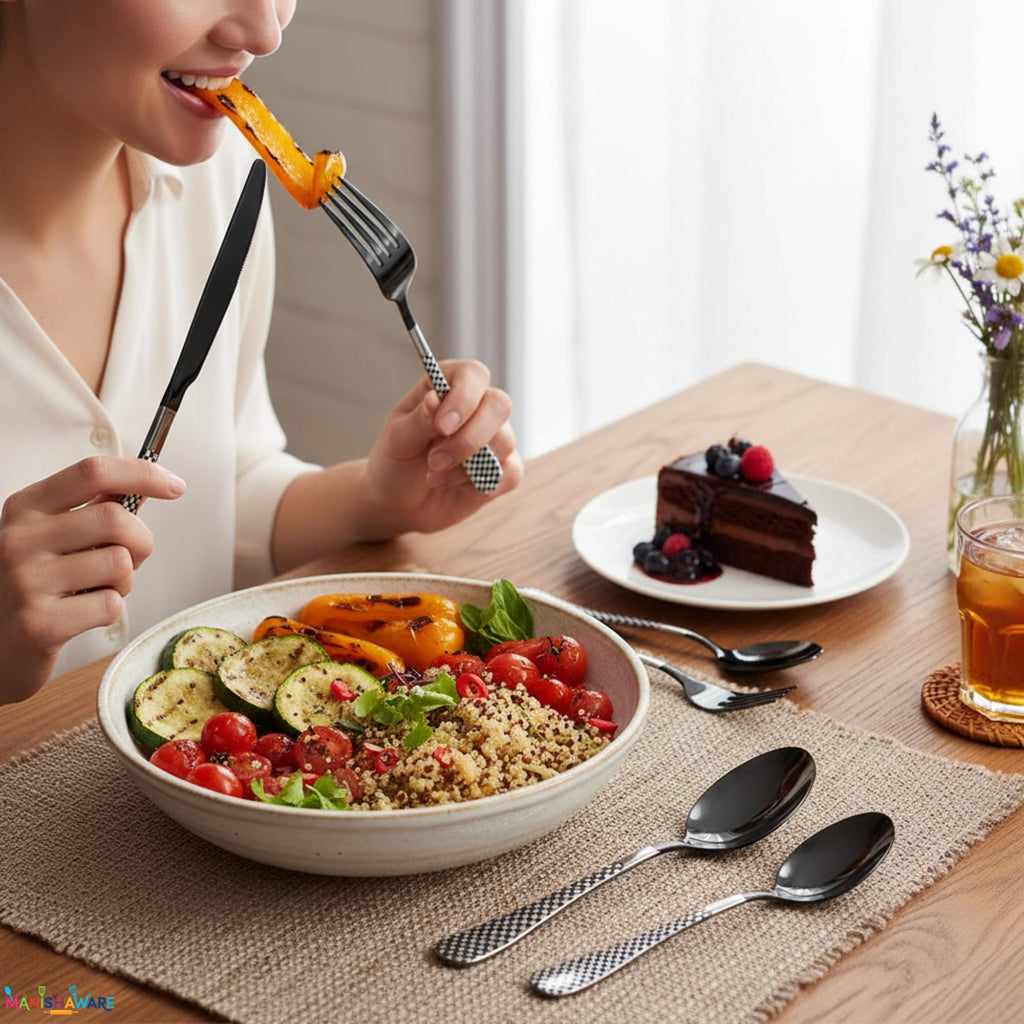 Manishaware Checkered Stainless Steel Cutlery Set for Dining Table, Dishwasher Safe Glossy Flatware (4 spoon set+4 forks set+4 Butter knife+4 Dessert Spoon+ 4 Fruit Fork)