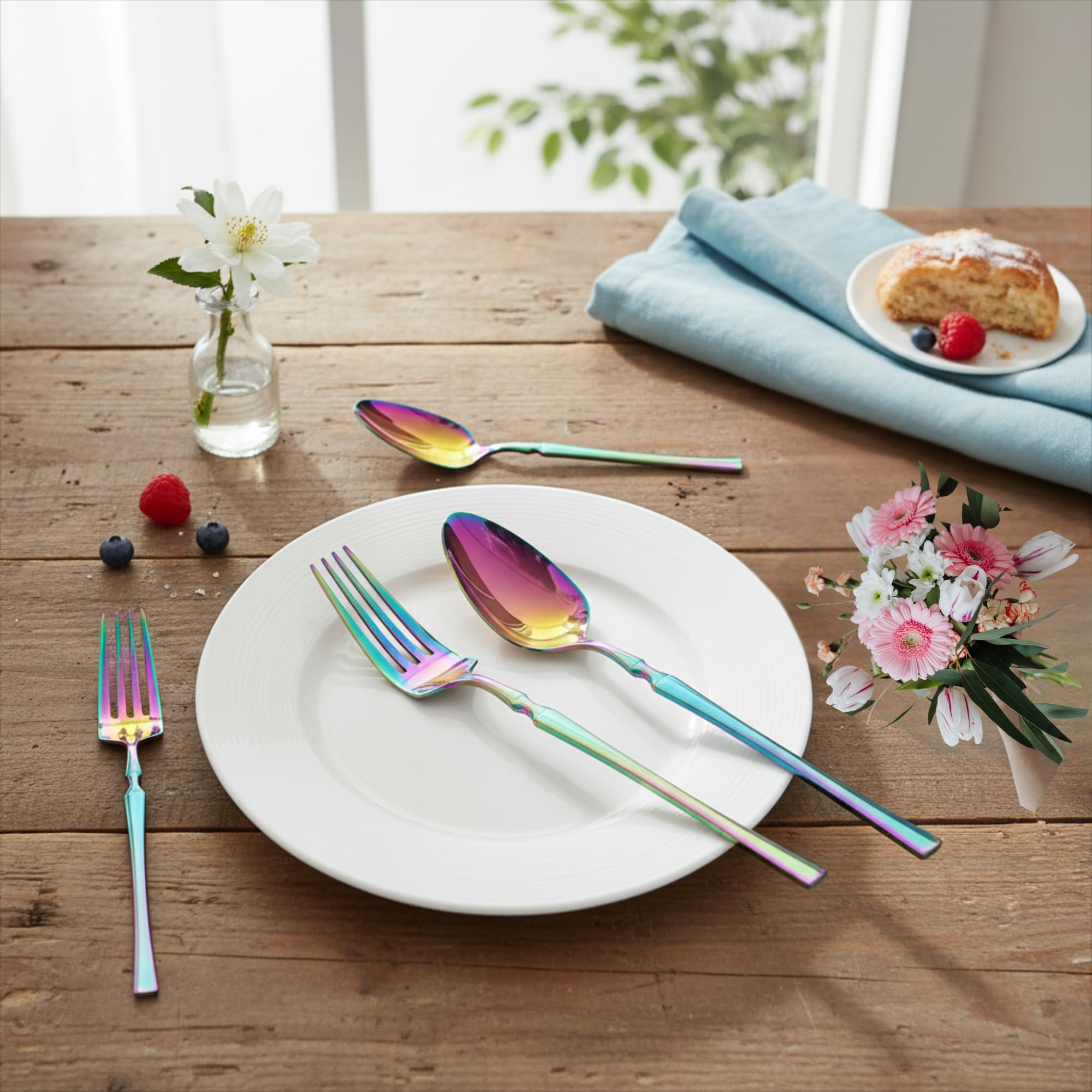 Manishaware Elegant Handle Rainbow 24 Pcs Stainless Steel Cutlery Set for Dining Table, Dishwasher Safe Glossy Flatware (6 spoon set+6 forks set+6 Butter knife+6 Dessert Spoon)