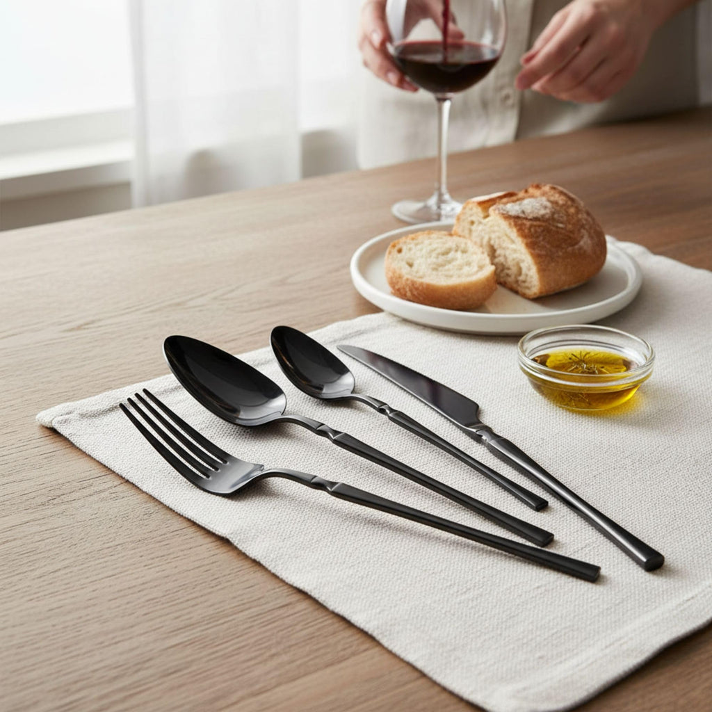 Manishaware Elegant Handle Black 16 Pcs Heavy duty Stainless Steel Cutlery Set for Dining table (4 pcs spoon set+4 pcs forks set+4 pcs Butter knife+4 pcs Dessert Spoon for kitchen)
