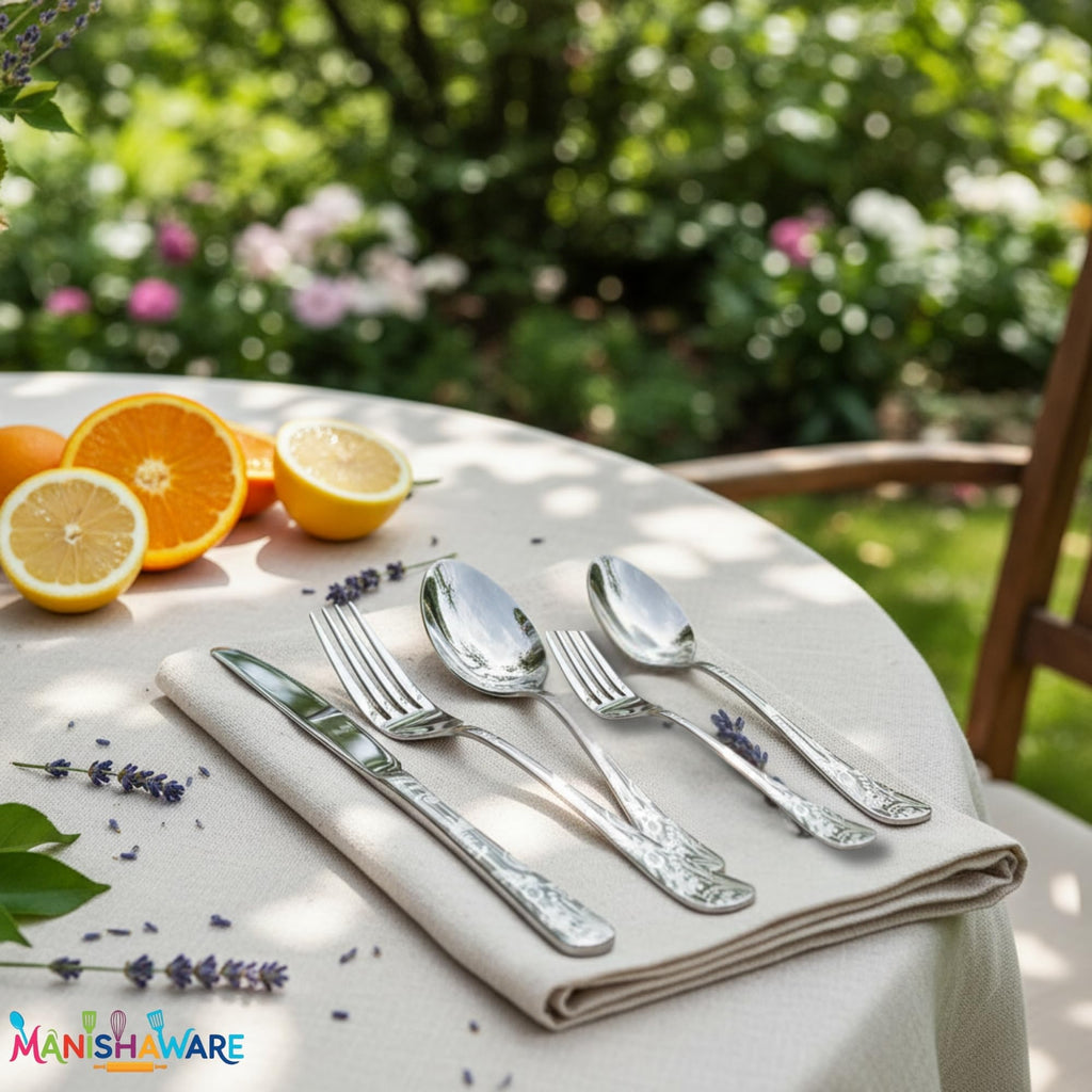 Manishaware Floral Silver 15 Pcs Stainless Steel Cutlery Set for Dining Table, Dishwasher Safe Glossy Flatware (3 spoon set+3 forks set+3 Butter knife+3 Dessert Spoon+ 3 FruitFork)