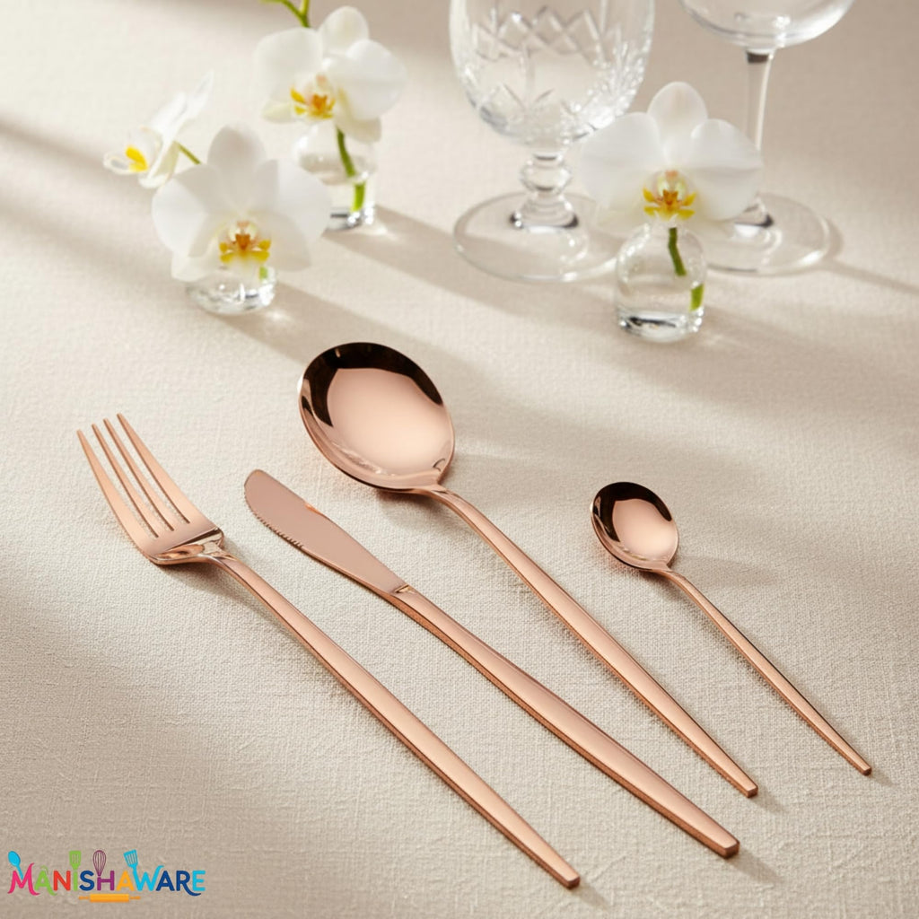 Manishaware Slim Handle Rose Gold 8 Pcs Stainless Steel Cutlery Set for Dining Table, Dishwasher Safe Glossy Flatware (2 spoon set + 2 forks set + 2 Butter knife + 2 Dessert Spoon)