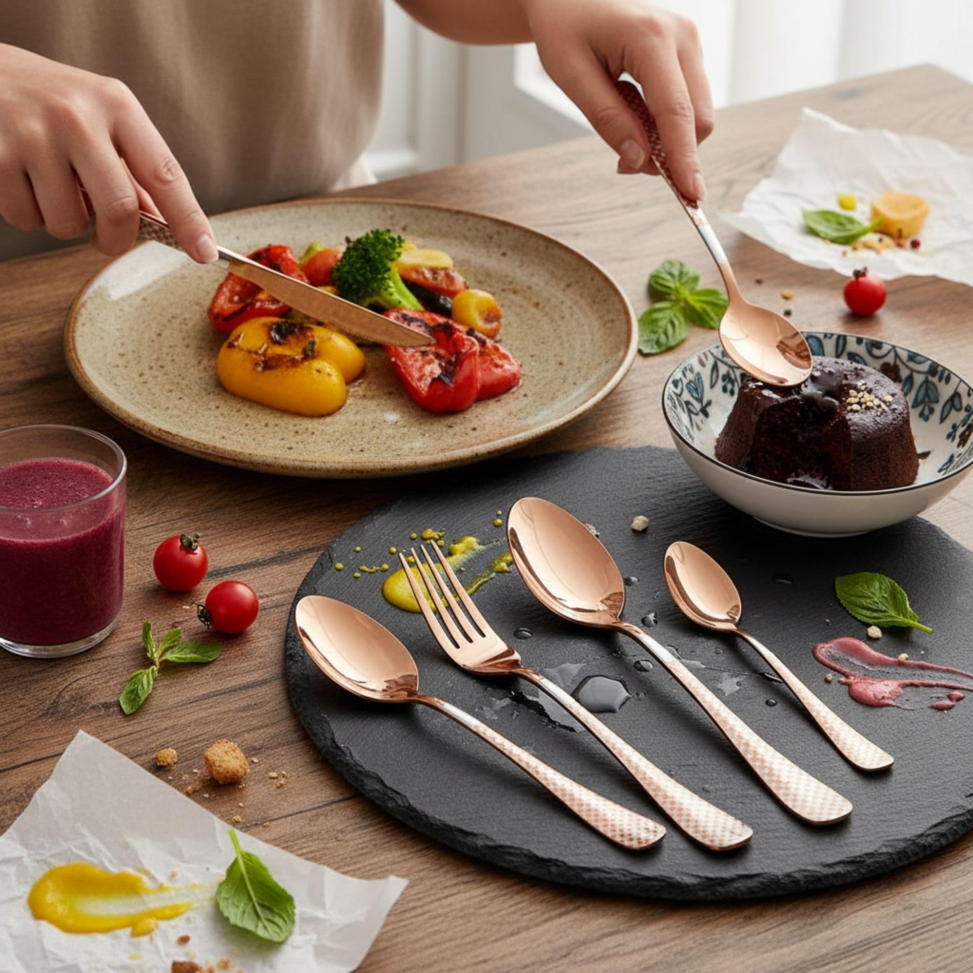 Manishaware Checkered 30 Pcs Stainless Steel Cutlery Set for Dining Table, Dishwasher Safe Glossy Flatware (6 spoon set+6 forks set+6 Butter knife+6 Dessert Spoon+ 6 Fruit Fork)