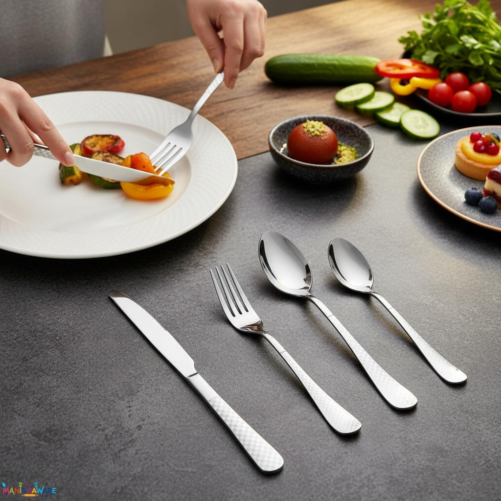 Manishaware Checkered Silver 15 Pcs Stainless Steel Cutlery Set for Dining Table, Dishwasher Safe Glossy Flatware (3 spoon set+3 forks set+3 Butter knife+3 Dessert Spoon+ 3 Fruit Fork)