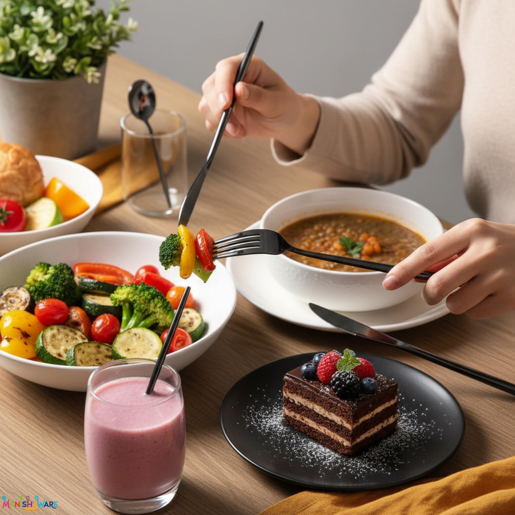 Manishaware Slim Handle Black 8 Pcs Stainless Steel Cutlery Set for Dining Table, Dishwasher Safe Glossy Flatware (2 spoon set+2 forks set+2 Butter knife+2 Dessert Spoon)