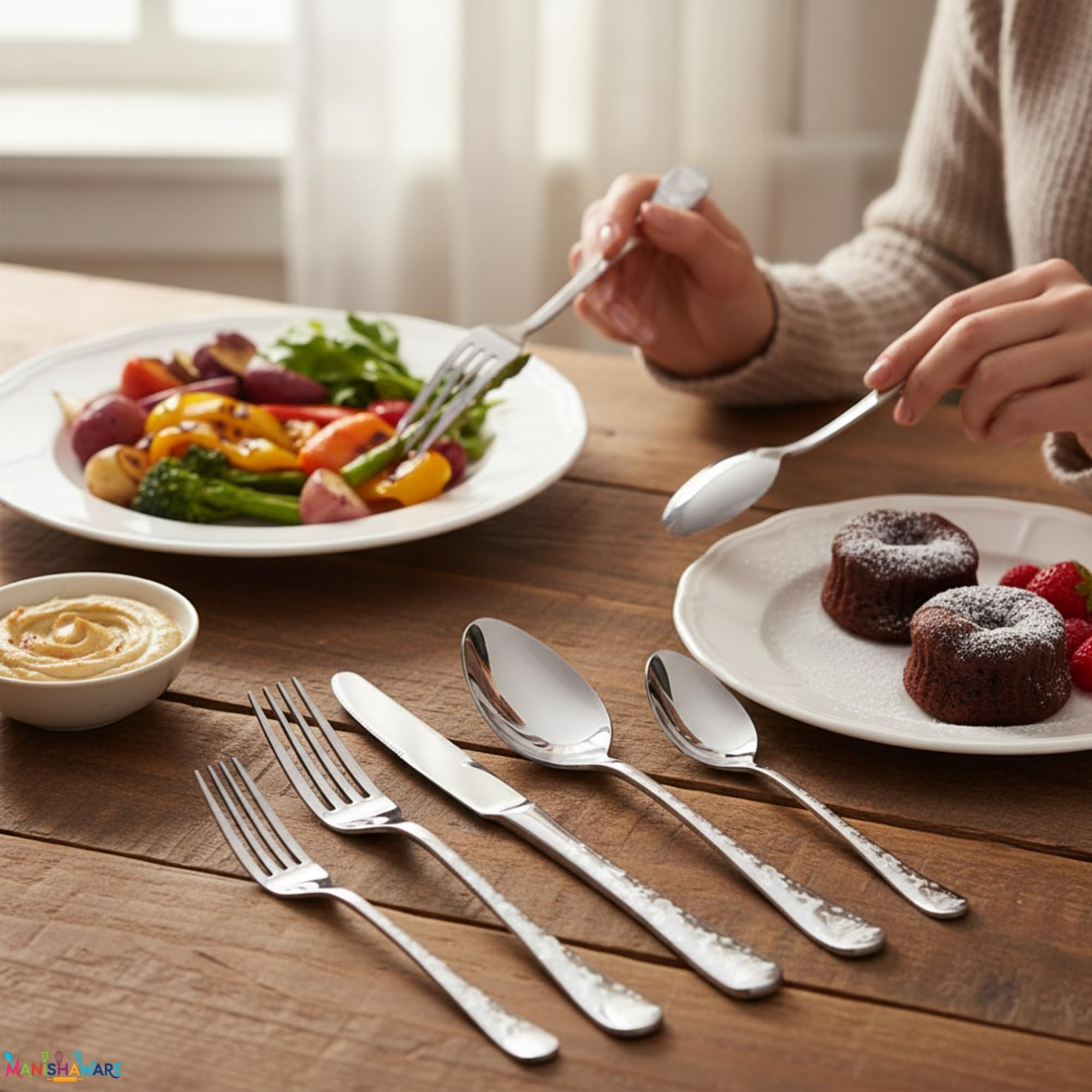 Manishaware Christmas Silver 10 Pcs Stainless Steel Cutlery Set for Dining Table, Dishwasher Safe Glossy Flatware (2 spoon set+2 forks set+2 Butter knife+2 Dessert Spoon+ 2 Fruit Fork)