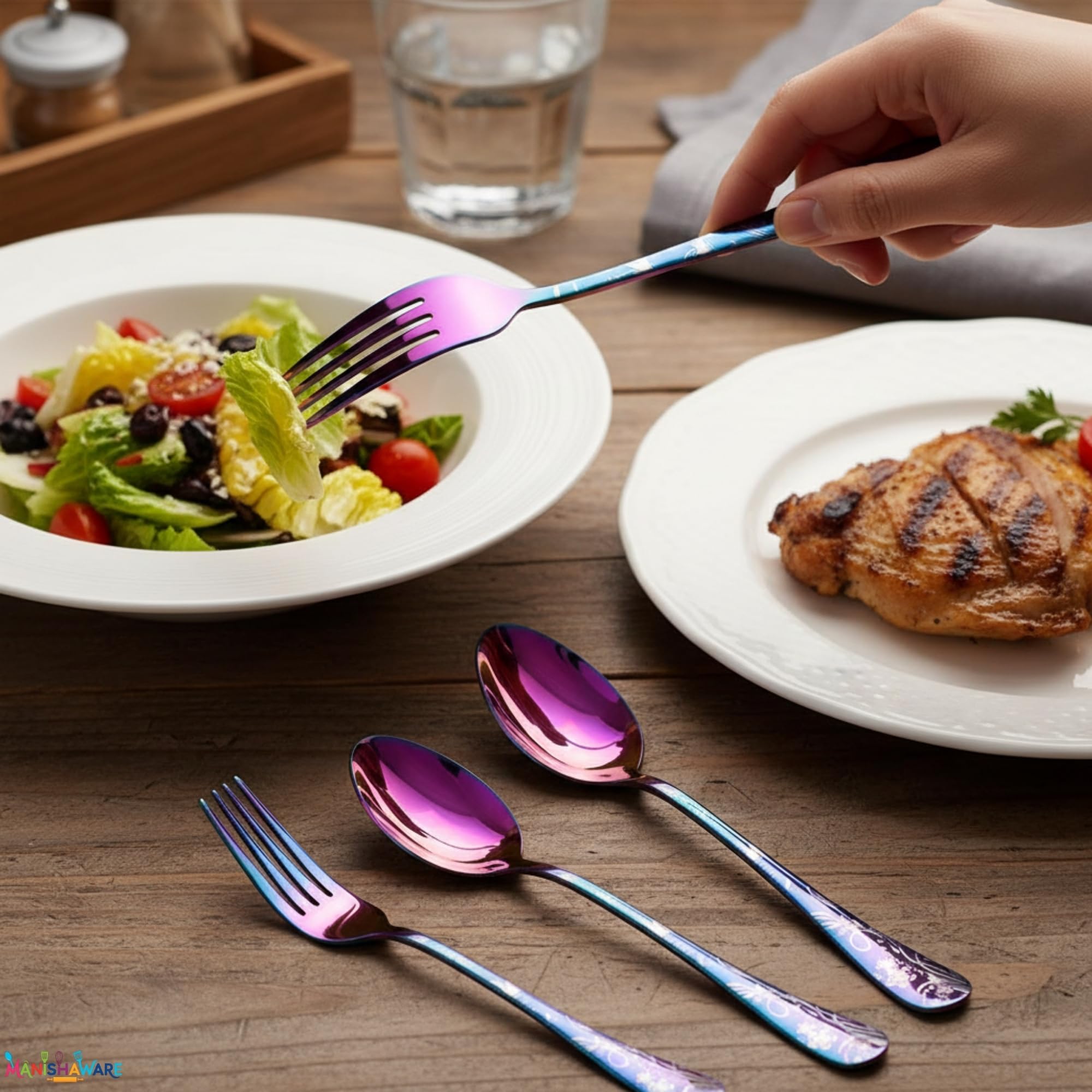 Manishaware Floral Rainbow 20 Pcs Stainless Steel Cutlery Set for Dining Table, Dishwasher Safe Glossy Flatware (4 spoon set+4 forks set+4 Butter knife+4 Dessert Spoon+ 4 FruitFork)
