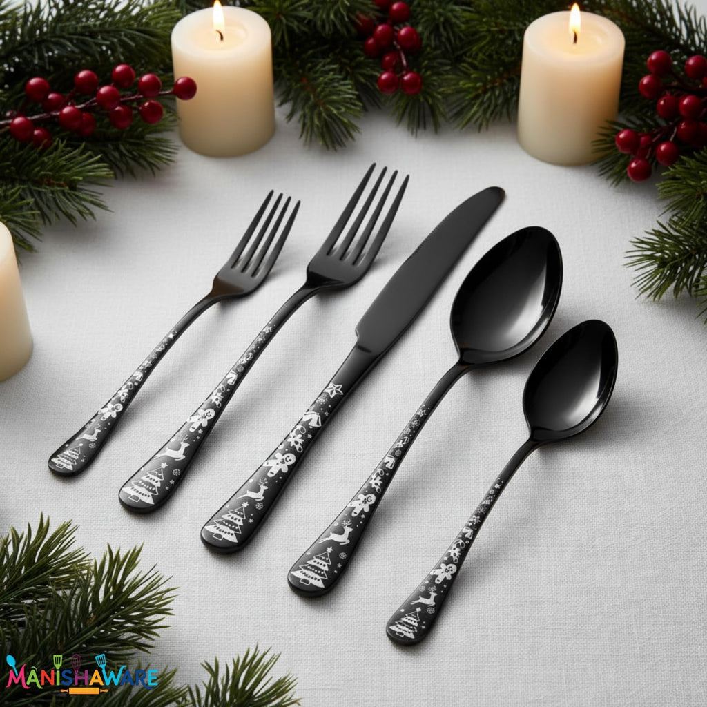 Black Festive premium cutlery set, rust resistant stainless steel, a perfect wedding, housewarming, corporate and festival gift