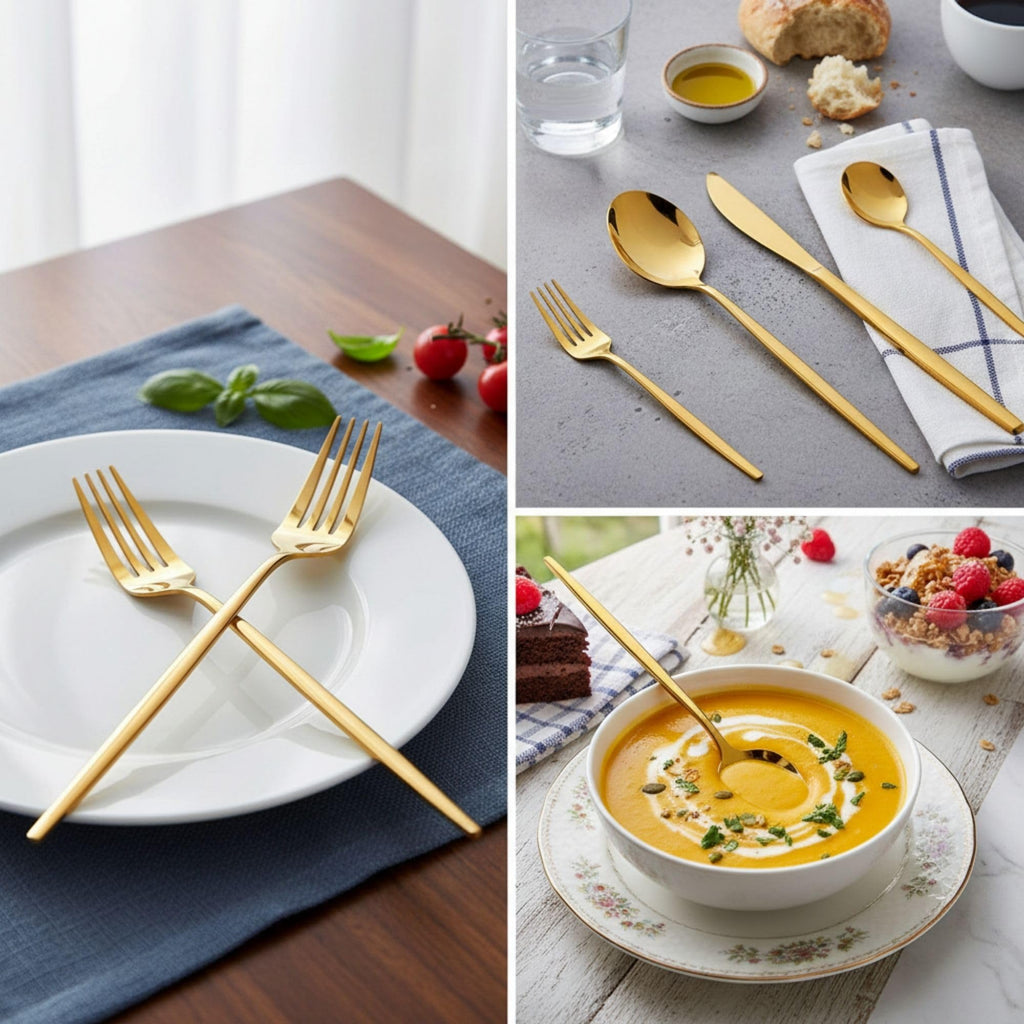 Manishaware Slim Handle Gold 10 Pcs Stainless Steel Cutlery Set for Dining Table, Dishwasher Safe Glossy Flatware (2 spoon set+2 forks set+2 Butter knife+2 Dessert Spoon+ 2 Fruit Fork)