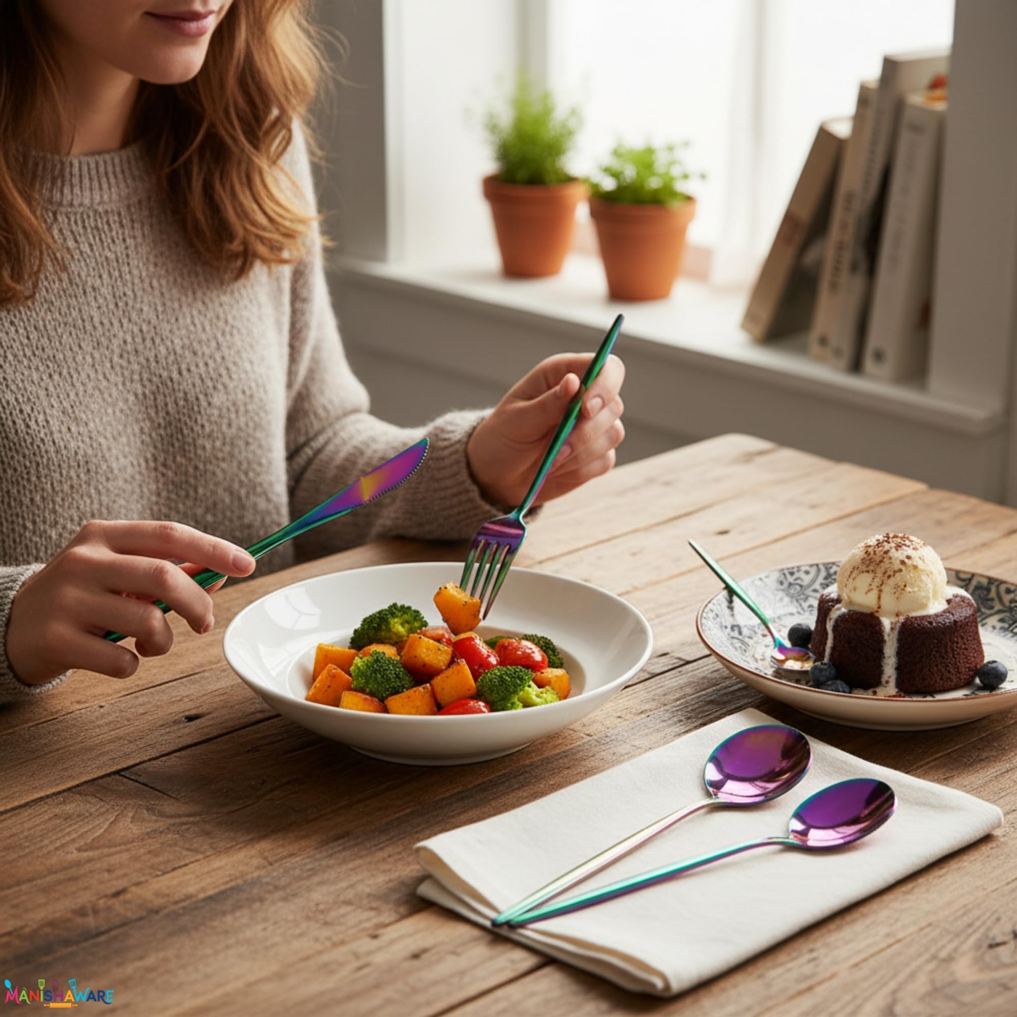 Manishaware Slim Handle Stainless Steel Cutlery Set for Dining Table, Dishwasher Safe Glossy Flatware (6 spoon set+6 forks set+6 Butter knife+6 Dessert Spoon)
