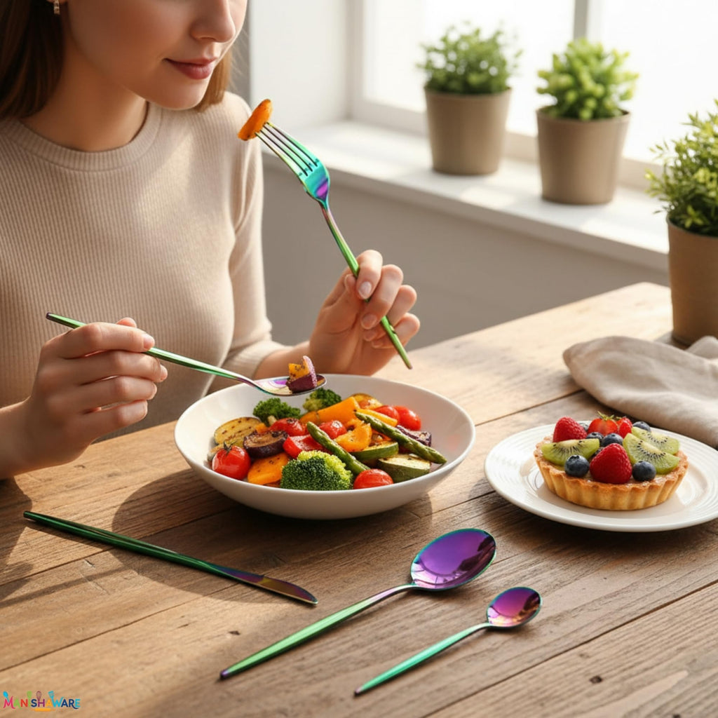 Manishaware Slim Handle Rainbow 20 Pcs Stainless Steel Cutlery Set for Dining Table, Dishwasher Safe Glossy Flatware (5 spoon set+5 forks set+5 Butter knife+5 Dessert Spoon)