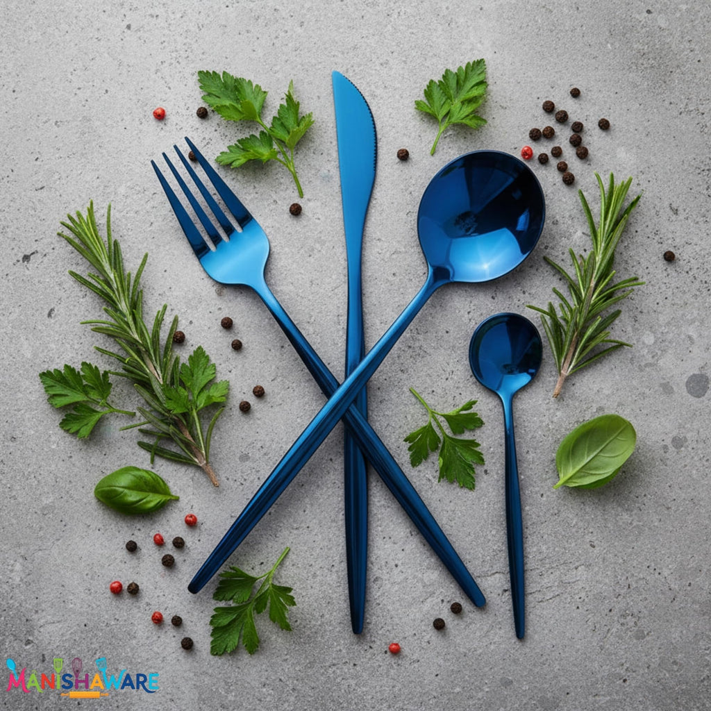 Manishaware Slim Handle Blue 12 Pcs Stainless Steel Cutlery Set for Dining Table, Dishwasher Safe Glossy Flatware (3 spoon set+3 forks set+3 Butter knife+3 Dessert Spoon)