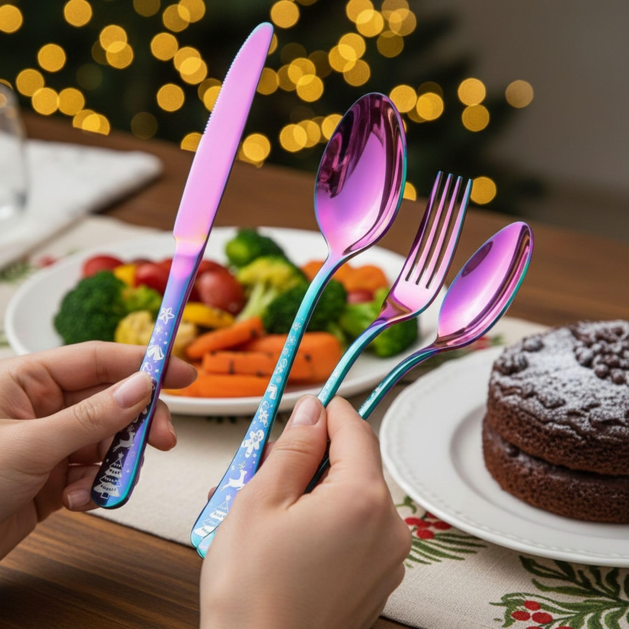 Manishaware Christmas 30 Pcs Stainless Steel Cutlery Set for Dining Table, Dishwasher Safe Glossy Flatware (6 spoon set+6 forks set+6 Butter knife+6 Dessert Spoon+ 6 Fruit Fork)
