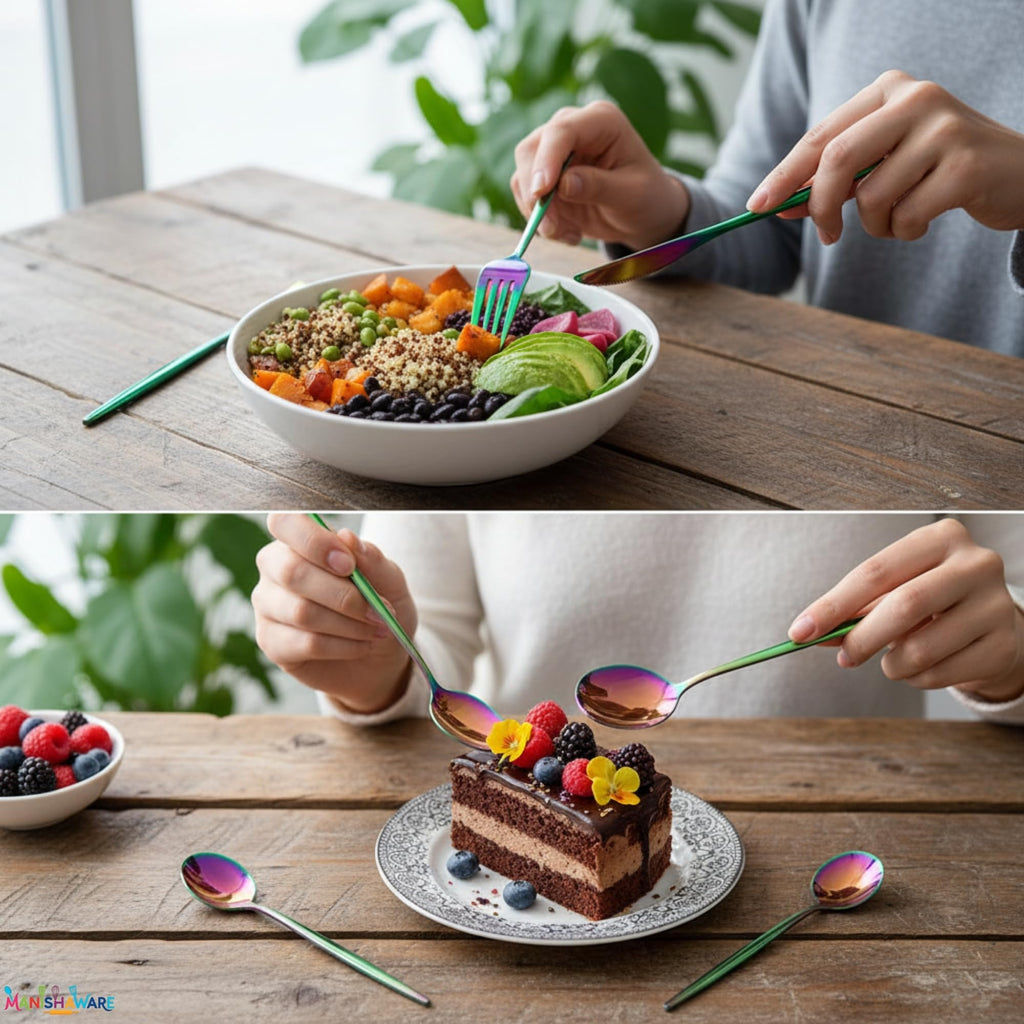Manishaware Slim Handle Rainbow 24 Pcs Stainless Steel Cutlery Set for Dining Table, Dishwasher Safe Glossy Flatware (6 spoon set + 6 forks set + 6 Butter knife + 6 Dessert Spoon)