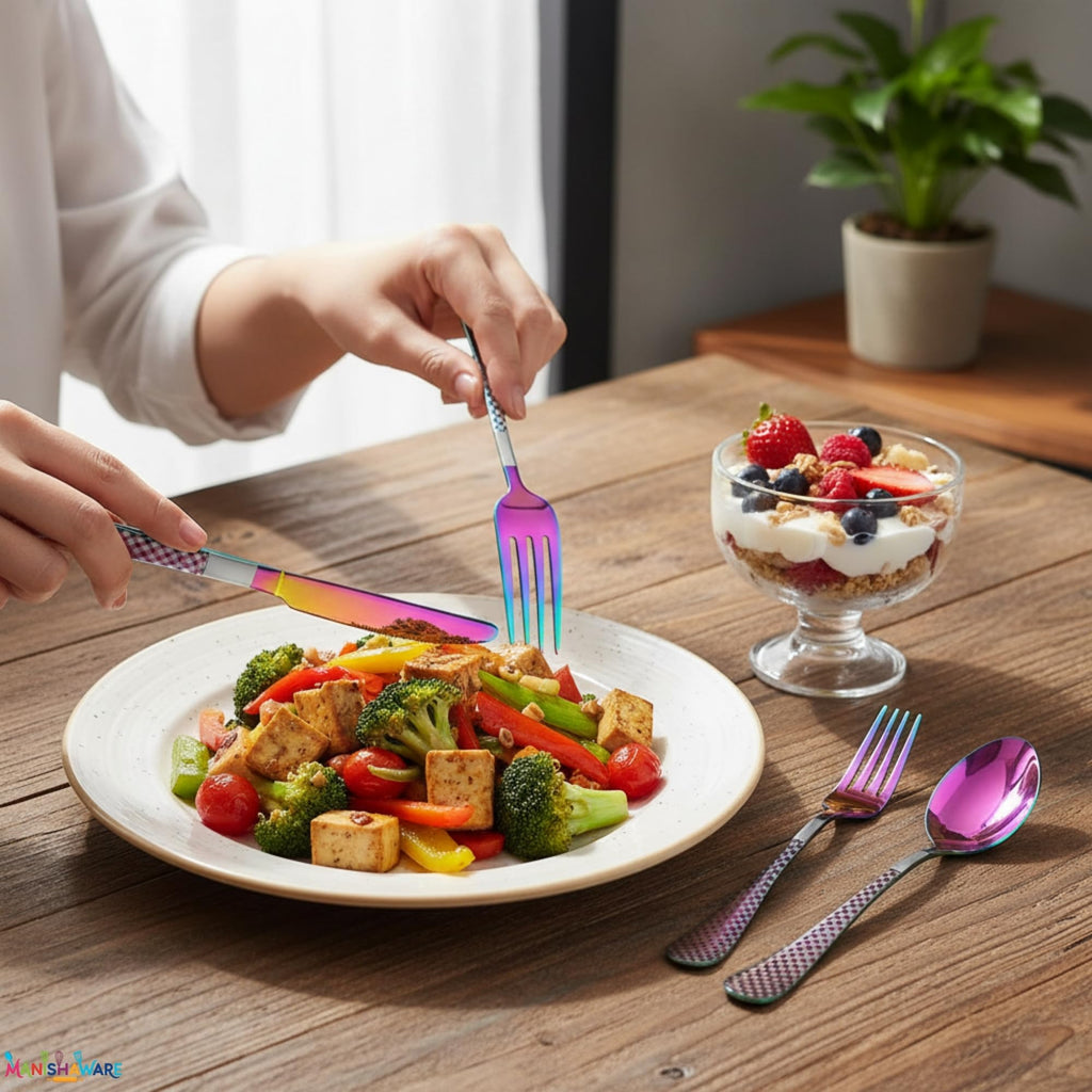Manishaware Checkered Rainbow 10 Pcs Stainless Steel Cutlery Set for Dining Table, Dishwasher Safe Glossy Flatware (2 spoon set+2 forks set+2 Butter knife+2 Dessert Spoon+ 2 Fruit Fork)