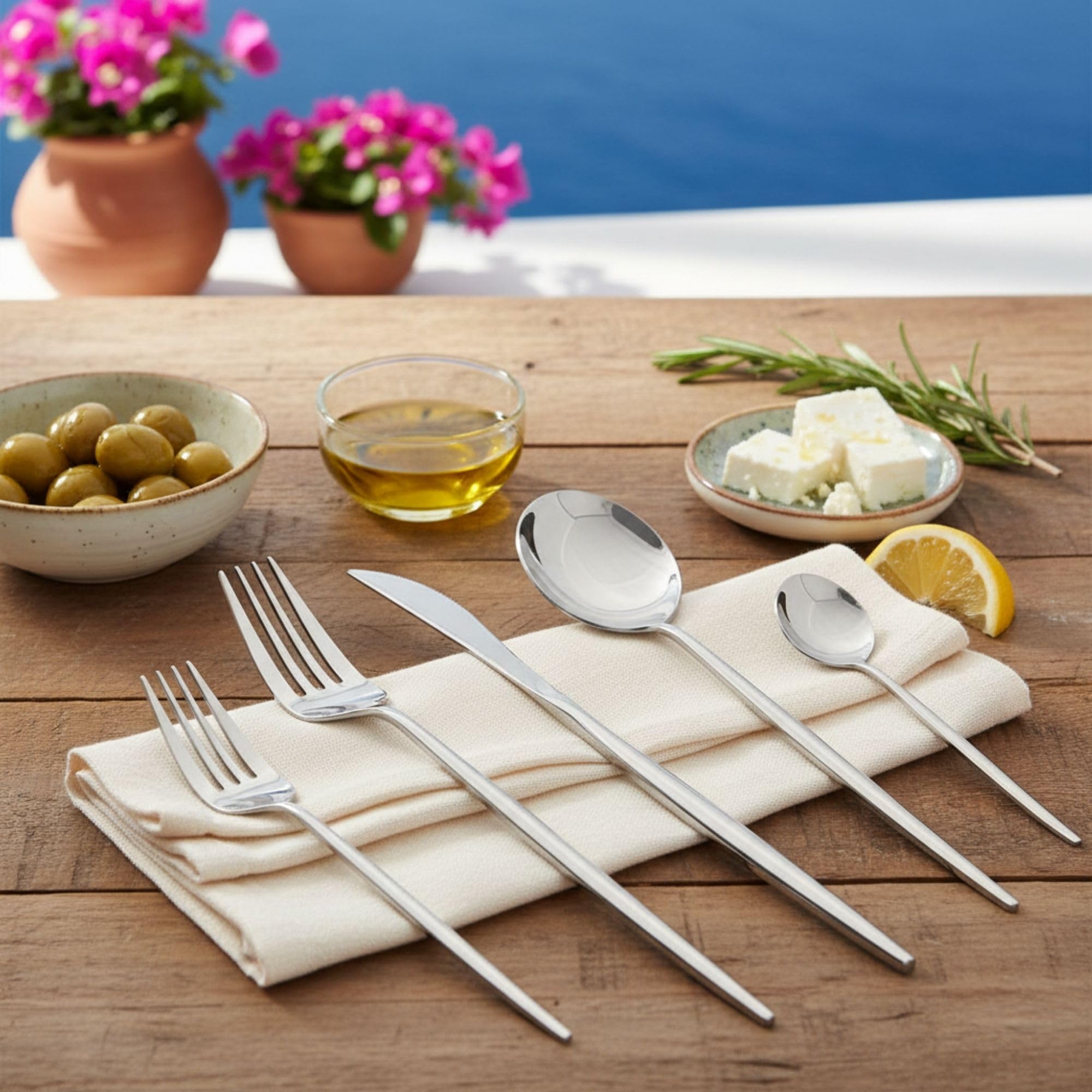 Manishaware Slim Handle Silver 10 Pcs Stainless Steel Cutlery Set for Dining Table, Dishwasher Safe Glossy Flatware (2 spoon set+2 forks set+2 Butter knife+2 Dessert Spoon+ 2 Fruit Fork)