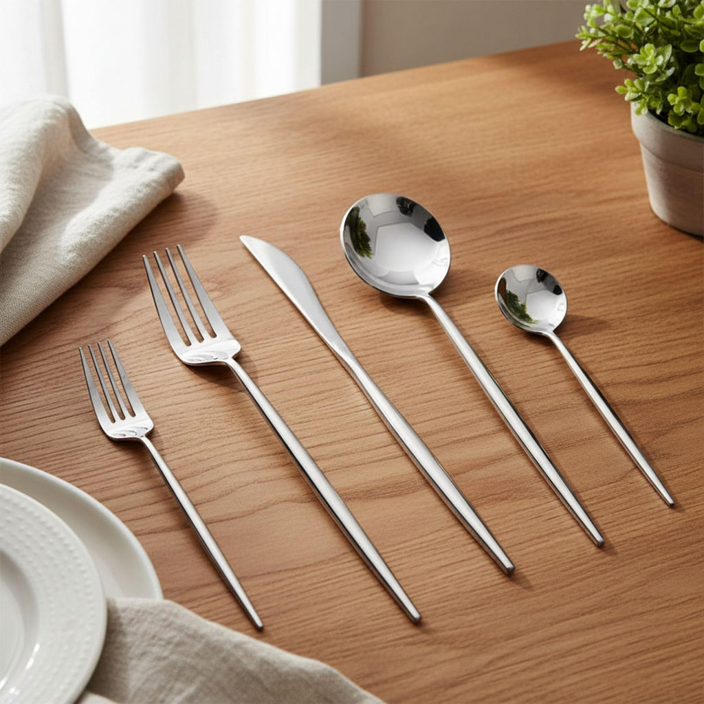 Manishaware Slim Handle Stainless Steel Cutlery Set for Dining Table, Dishwasher Safe Glossy Flatware (6 spoon set+6 forks set+6 Butter knife+6 Dessert Spoon+ 6 Fruit Fork)