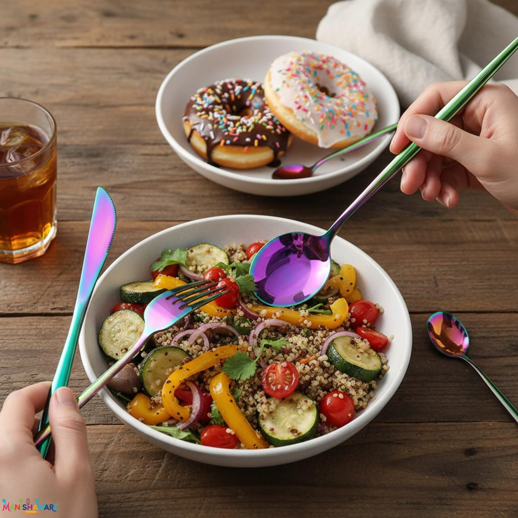 Manishaware Slim Handle Rainbow 4 Pcs Stainless Steel Cutlery Set for Dining Table, Dishwasher Safe Glossy Flatware (1 spoon set + 1 forks set + 1 Butter knife + 1 Dessert Spoon)