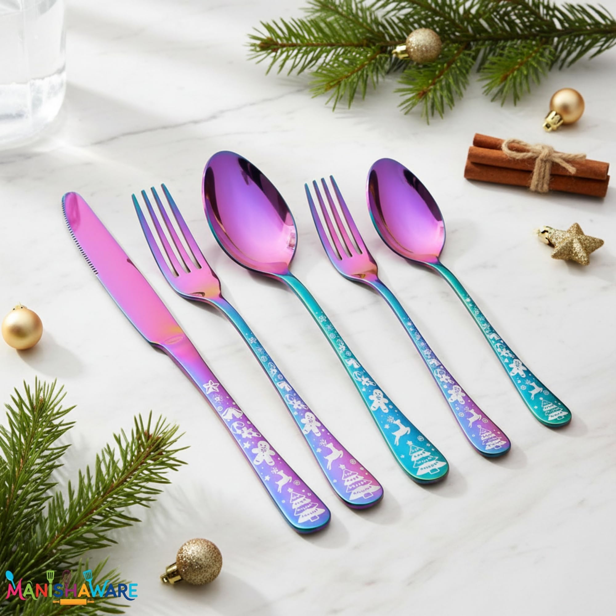 Manishaware Christmas Stainless Steel Cutlery Set for Dining Table, Dishwasher Safe Glossy Flatware (4 spoon set+4 forks set+4 Butter knife+4 Dessert Spoon+ 4 Fruit Fork)