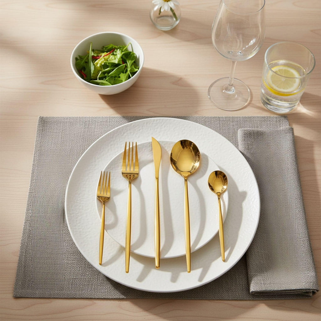 Manishaware Slim Handle Gold 30 Pcs Stainless Steel Cutlery Set for Dining Table, Dishwasher Safe Glossy Flatware (6 spoon set+6 forks set+6 Butter knife+6 Dessert Spoon+ 6 Fruit Fork)