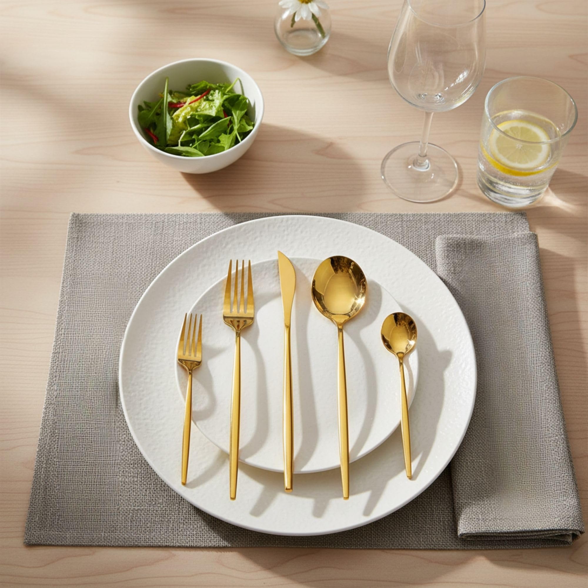 Manishaware Slim Handle Gold 30 Pcs Stainless Steel Cutlery Set for Dining Table, Dishwasher Safe Glossy Flatware (6 spoon set+6 forks set+6 Butter knife+6 Dessert Spoon+ 6 Fruit Fork)