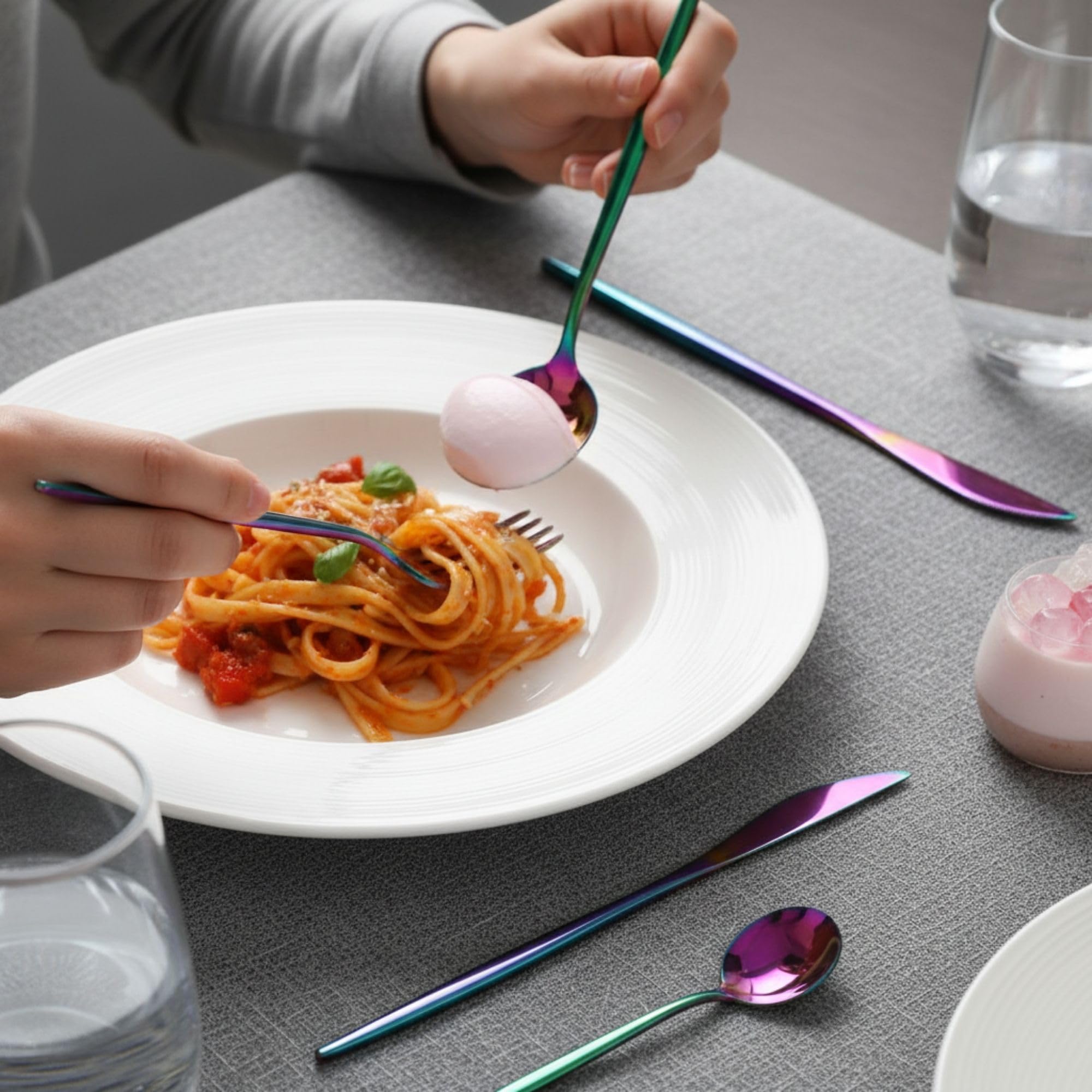 Manishaware Slim Handle Rainbow 20 Pcs Stainless Steel Cutlery Set for Dining Table, Dishwasher Safe Glossy Flatware (4 spoon set+4 forks set+4 Butter knife+4 Dessert Spoon+ 4 Fruit Fork)