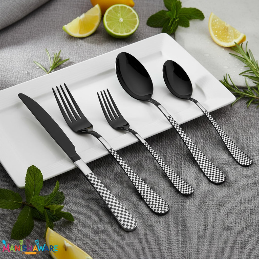 Manishaware Checkered Black 20 Pcs Stainless Steel Cutlery Set for Dining Table, Dishwasher Safe Glossy Flatware (4 spoon set+4 forks set+4 Butter knife+4 Dessert Spoon+ 4 Fruit Fork)