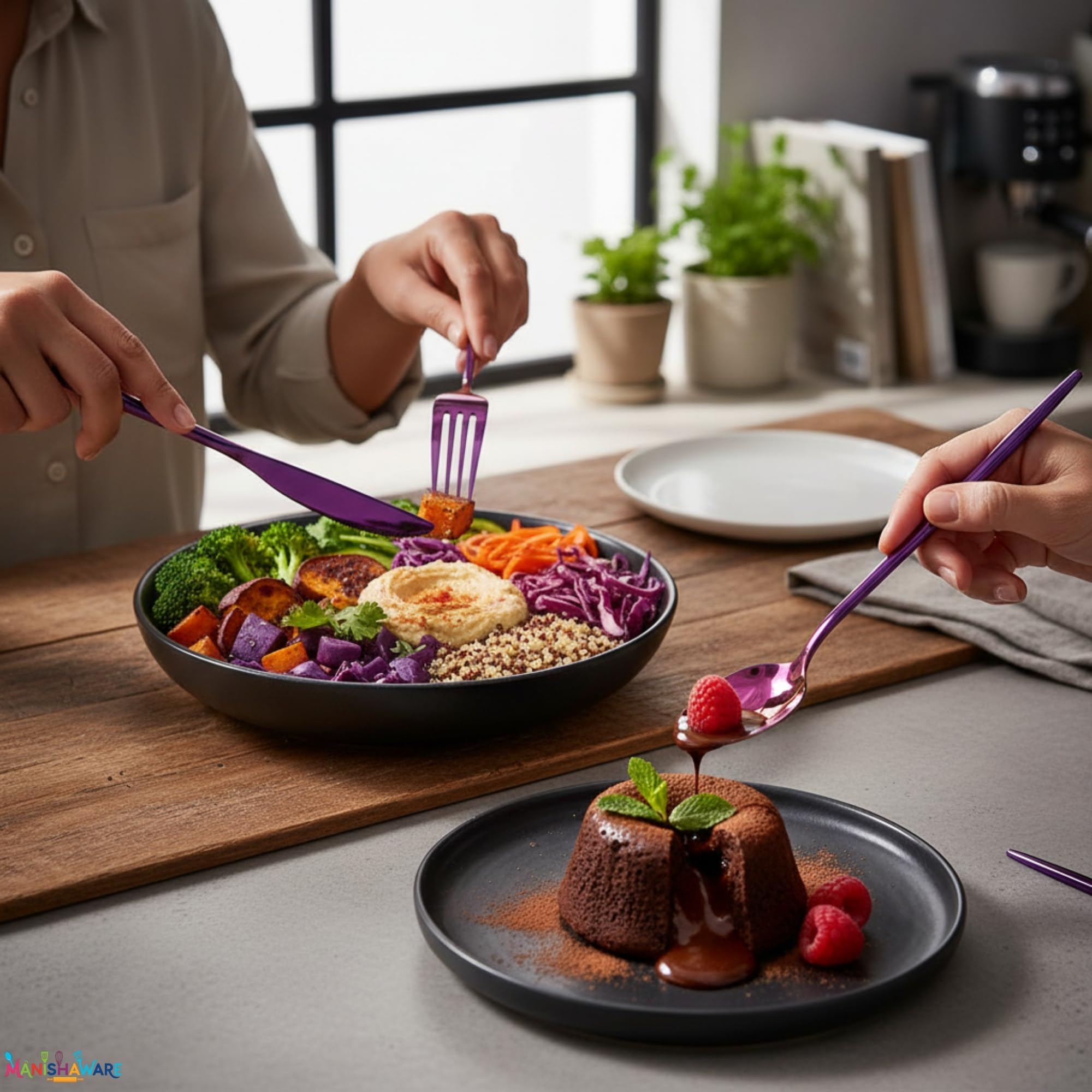 Manishaware Slim Handle Stainless Steel Cutlery Set for Dining Table, Dishwasher Safe Glossy Flatware (6 spoon set+6 forks set+6 Butter knife+6 Dessert Spoon)