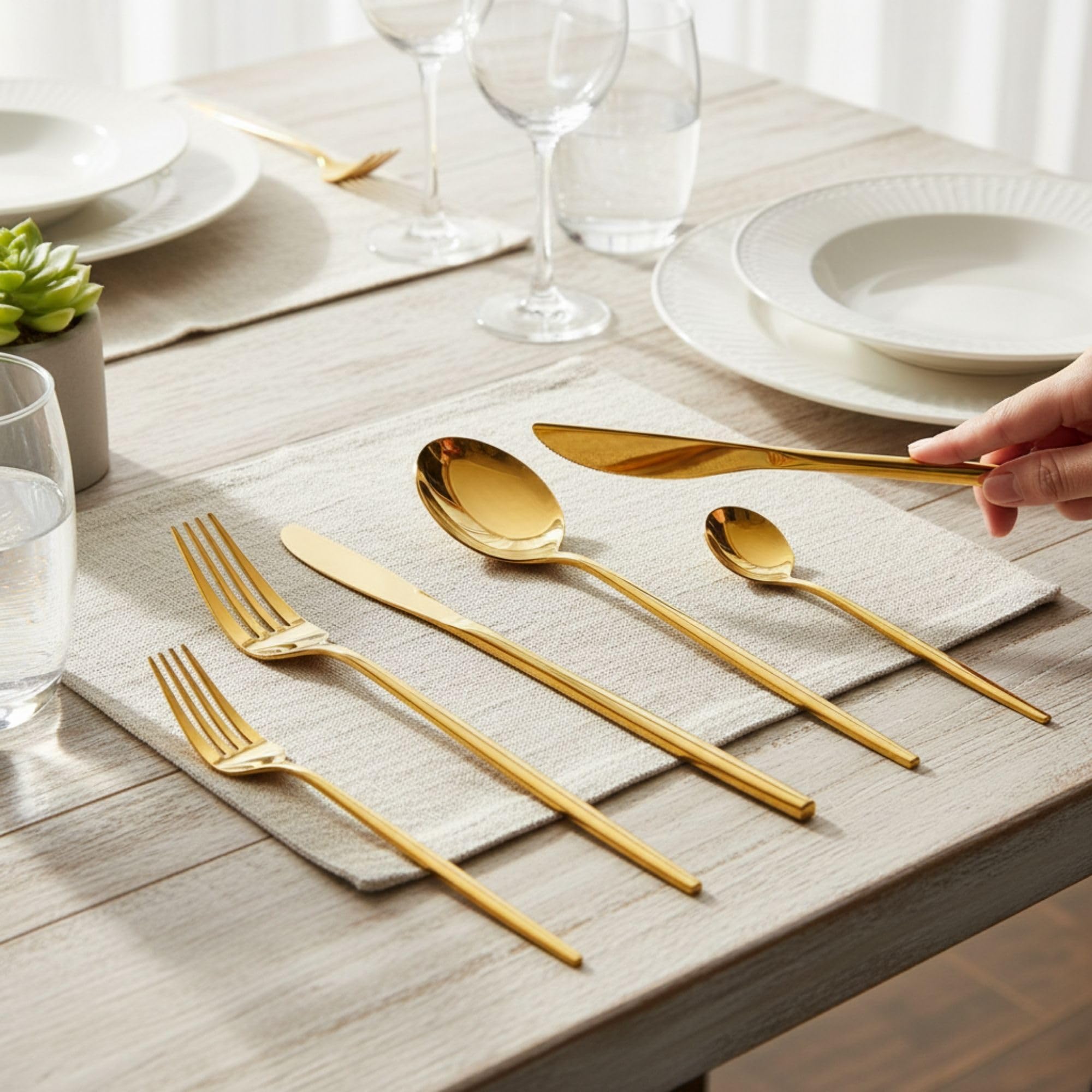 Manishaware Slim Handle Gold 25 Pcs Stainless Steel Cutlery Set for Dining Table, Dishwasher Safe Glossy Flatware (5 spoon set+5 forks set+5 Butter knife+5 Dessert Spoon+5 Fruit Fork)