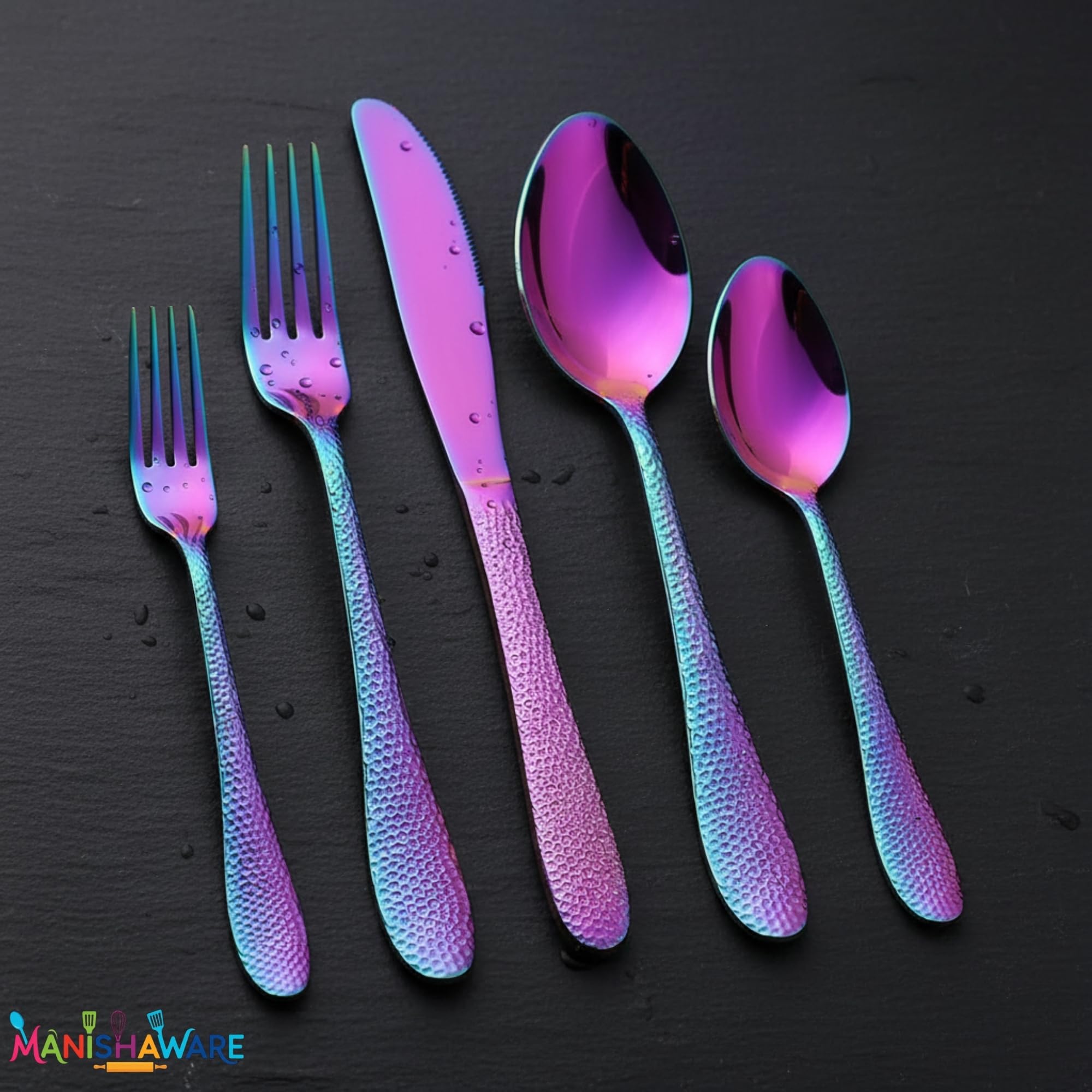 Manishaware Hammered Rainbow 15 Pcs Stainless Steel Cutlery Set for Dining Table, Dishwasher Safe Glossy Flatware (3 spoon set+3 forks set+3 Butter knife+3 Dessert Spoon+ 3 Fruit Fork)