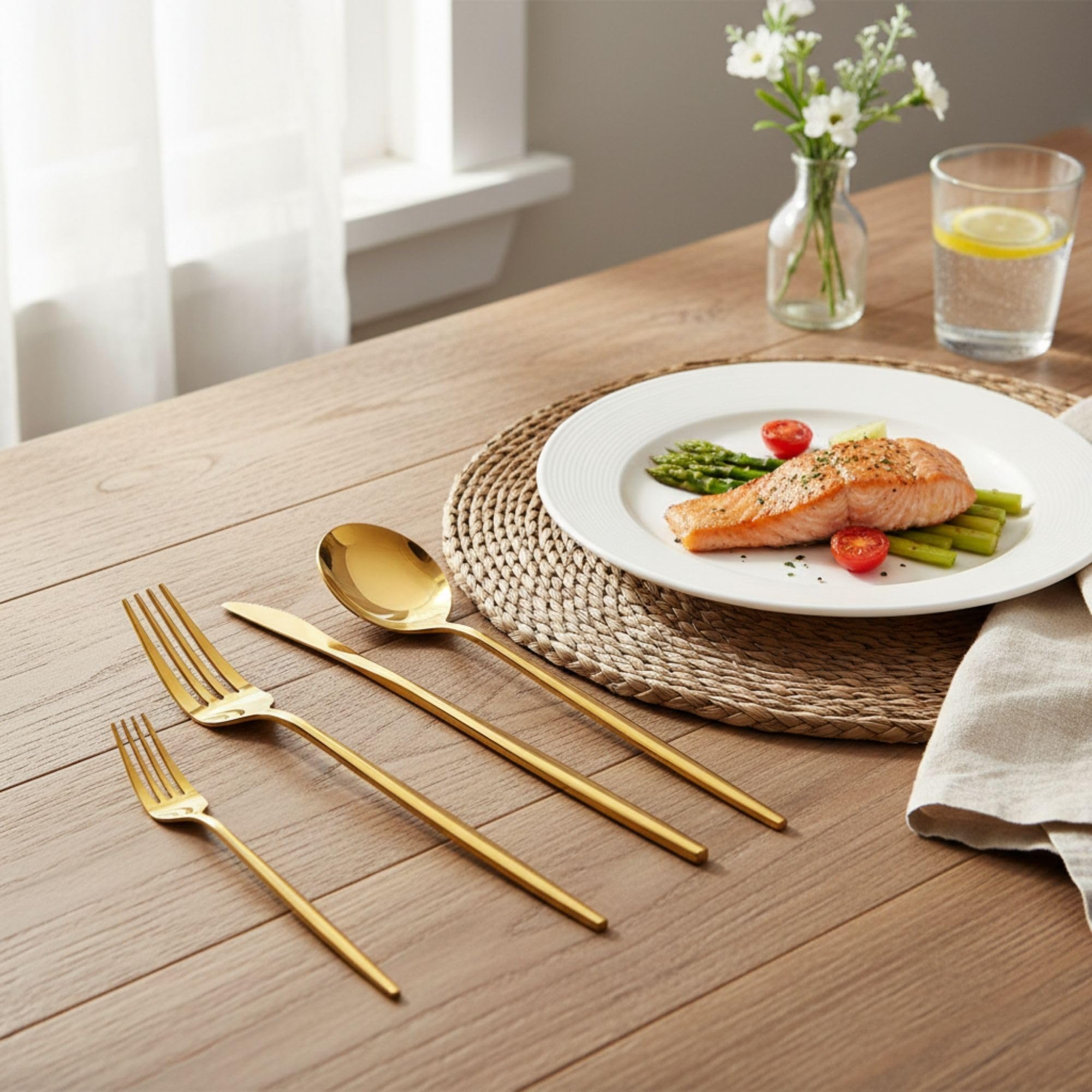 Manishaware Slim Handle Gold 15 Pcs Stainless Steel Cutlery Set for Dining Table, Dishwasher Safe Glossy Flatware (3 spoon set+3 forks set+3 Butter knife+3 Dessert Spoon+ 3 Fruit Fork)