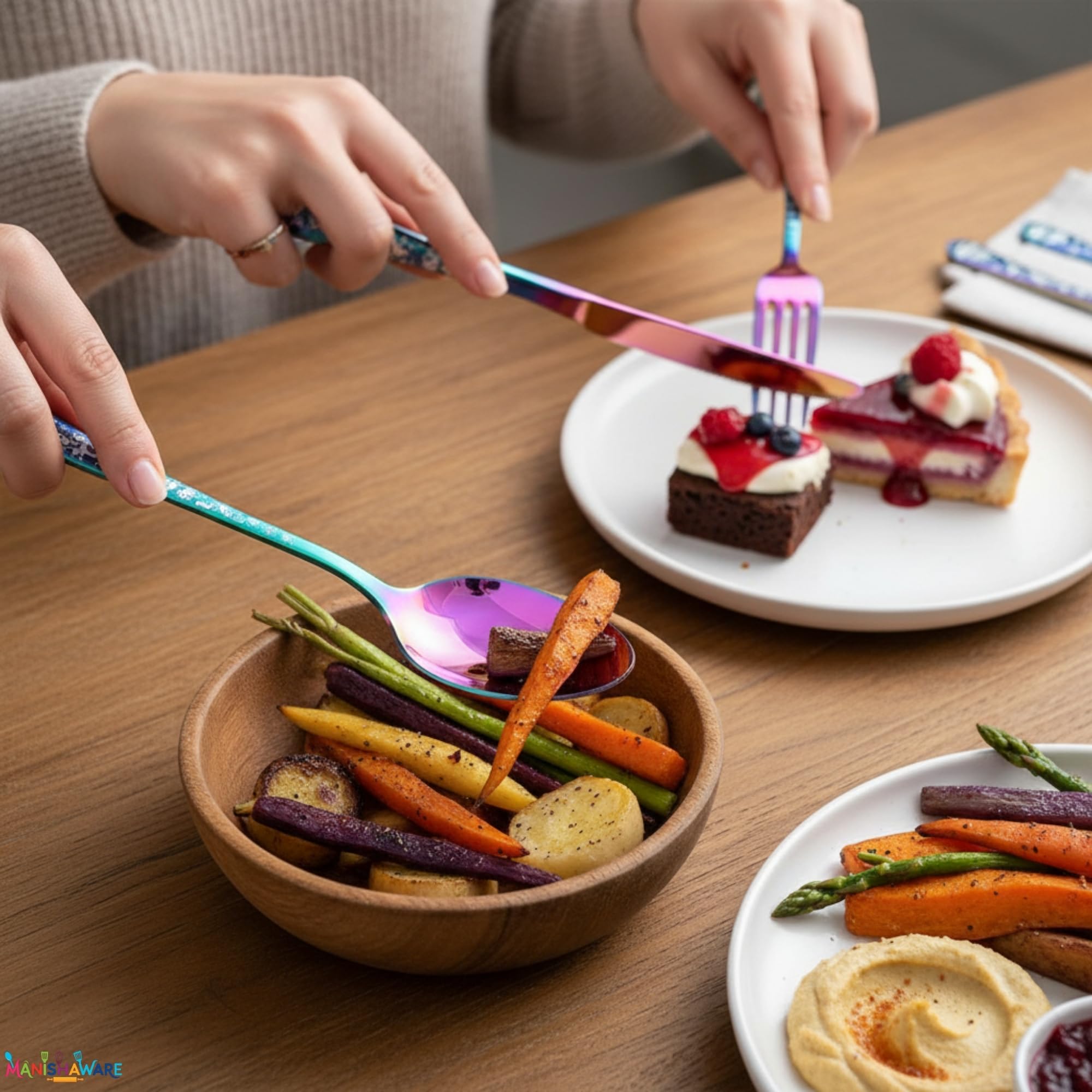 Manishaware Christmas Rainbow 10 Pcs Stainless Steel Cutlery Set for Dining Table, Dishwasher Safe Glossy Flatware (2 spoon set+2 forks set+2 Butter knife+2 Dessert Spoon+ 2 Fruit Fork)