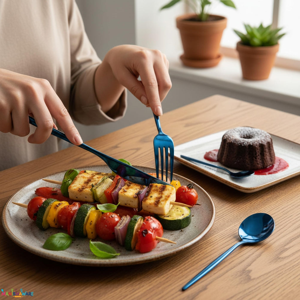 Manishaware Slim Handle Stainless Steel Cutlery Set for Dining Table, Dishwasher Safe Glossy Flatware (6 spoon set+6 forks set+6 Butter knife+6 Dessert Spoon)