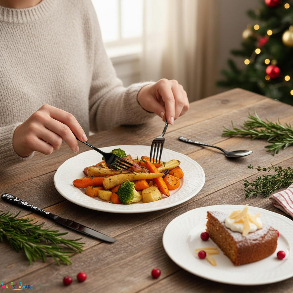 Manishaware Christmas Stainless Steel Cutlery Set for Dining Table, Dishwasher Safe Glossy Flatware (4 spoon set+4 forks set+4 Butter knife+4 Dessert Spoon+ 4 Fruit Fork)