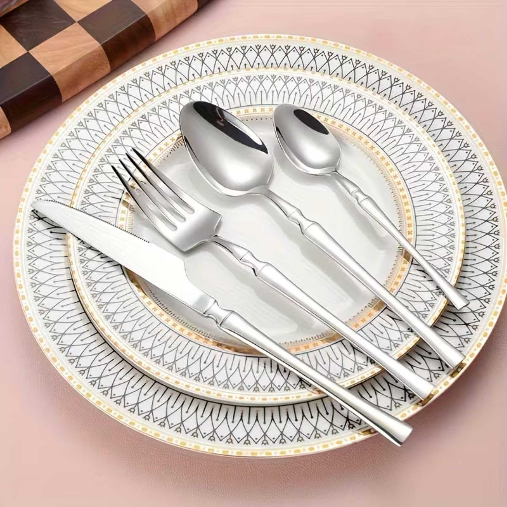 Manishaware Elegant Handle Silver 24 Pcs Heavy duty Stainless Steel Cutlery Set for Dining table (6 pcs spoon set+6 pcs forks set+6 pcs Butter knife+6 pcs Dessert Spoon for kitchen)