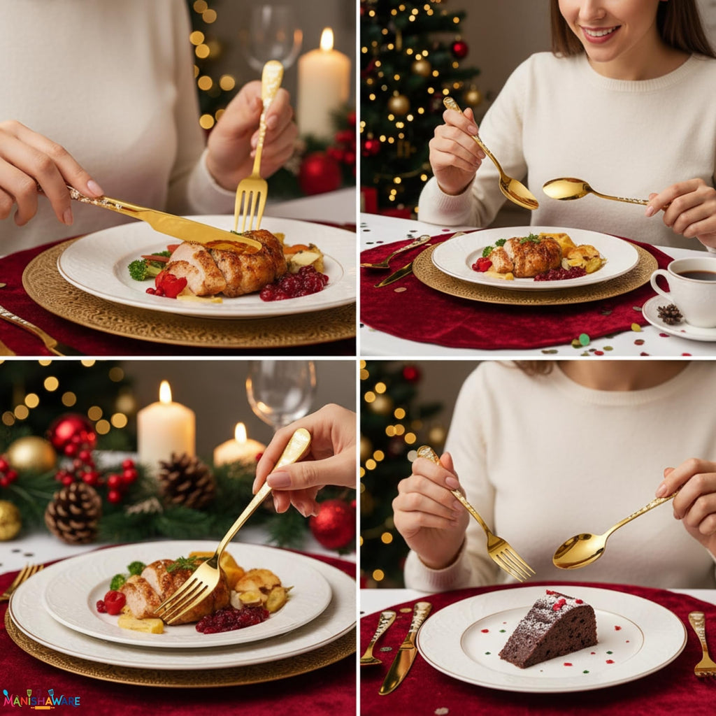 Manishaware Christmas Gold 10 Pcs Stainless Steel Cutlery Set for Dining Table, Dishwasher Safe Glossy Flatware (2 spoon set+2 forks set+2 Butter knife+2 Dessert Spoon+ 2 Fruit Fork)