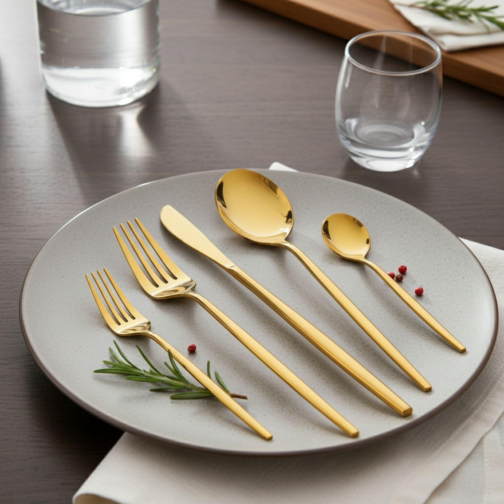 Manishaware Slim Handle Gold 10 Pcs Stainless Steel Cutlery Set for Dining Table, Dishwasher Safe Glossy Flatware (2 spoon set+2 forks set+2 Butter knife+2 Dessert Spoon+ 2 Fruit Fork)