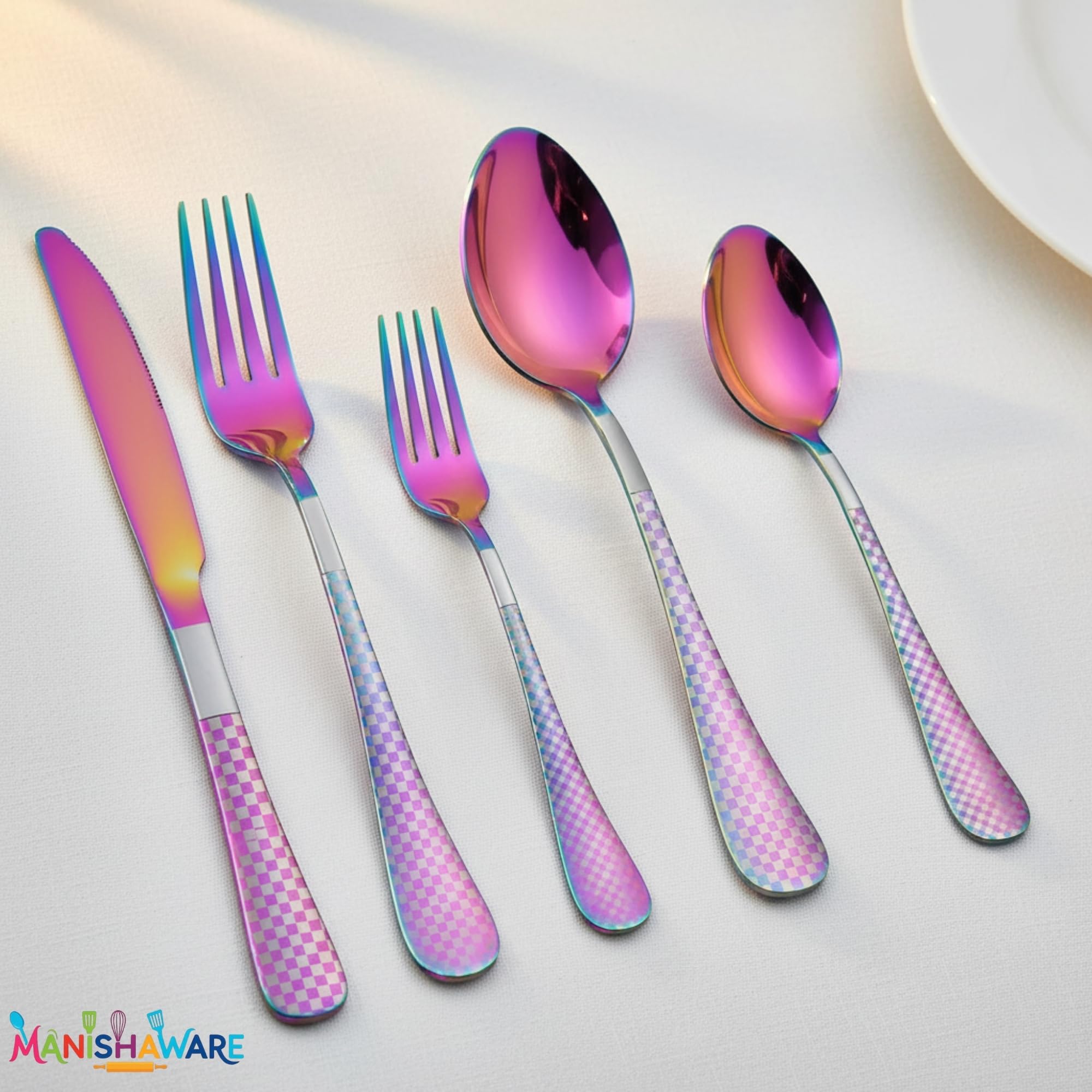 Manishaware Checkered Stainless Steel Cutlery Set for Dining Table, Dishwasher Safe Glossy Flatware (4 spoon set+4 forks set+4 Butter knife+4 Dessert Spoon+ 4 Fruit Fork)