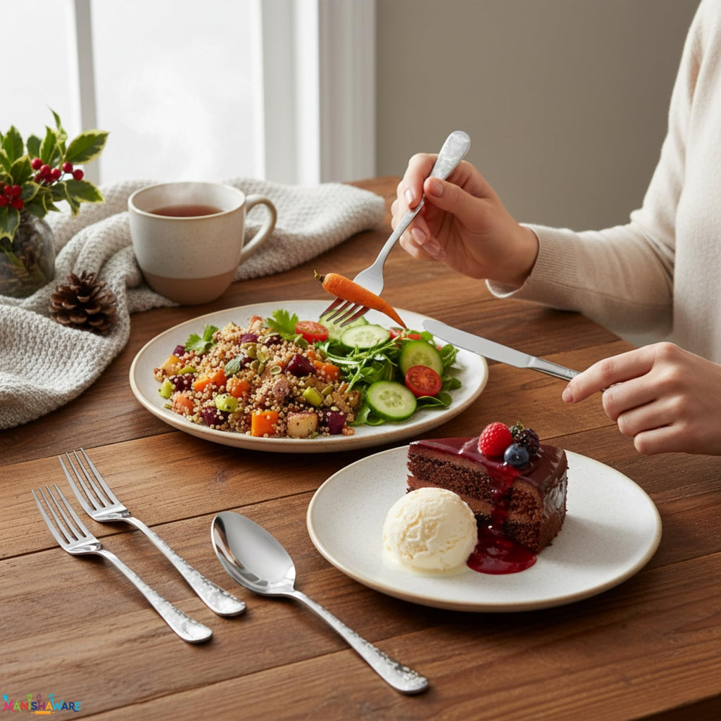 Manishaware Christmas Stainless Steel Cutlery Set for Dining Table, Dishwasher Safe Glossy Flatware (4 spoon set+4 forks set+4 Butter knife+4 Dessert Spoon+ 4 Fruit Fork)