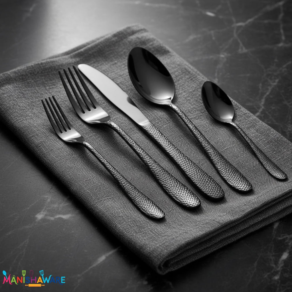 Manishaware Hammered Stainless Steel Cutlery Set for Dining Table, Dishwasher Safe Glossy Flatware (4 spoon set+4 forks set+4 Butter knife+4 Dessert Spoon+ 4 Fruit Fork)