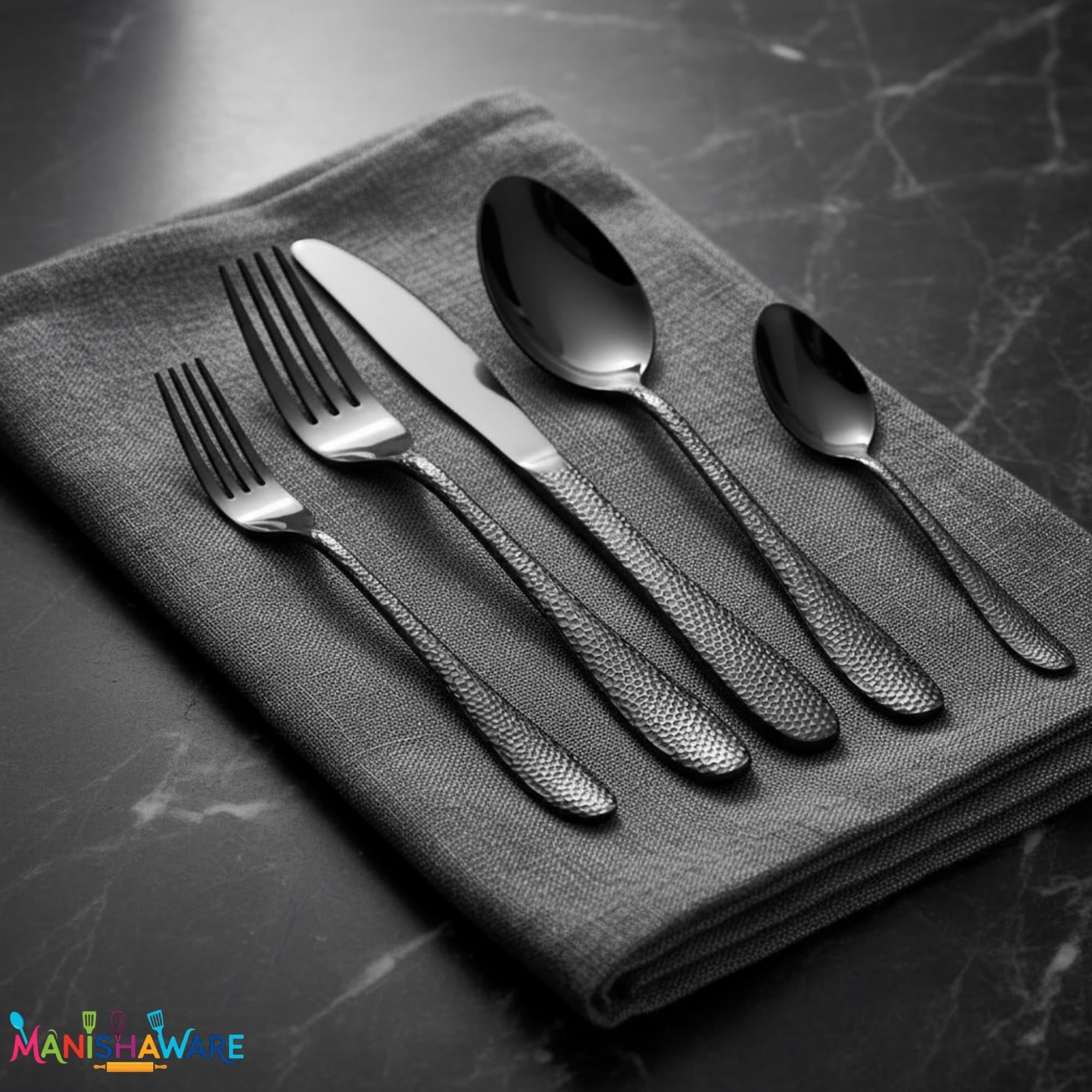 Manishaware Hammered Stainless Steel Cutlery Set for Dining Table, Dishwasher Safe Glossy Flatware (4 spoon set+4 forks set+4 Butter knife+4 Dessert Spoon+ 4 Fruit Fork)