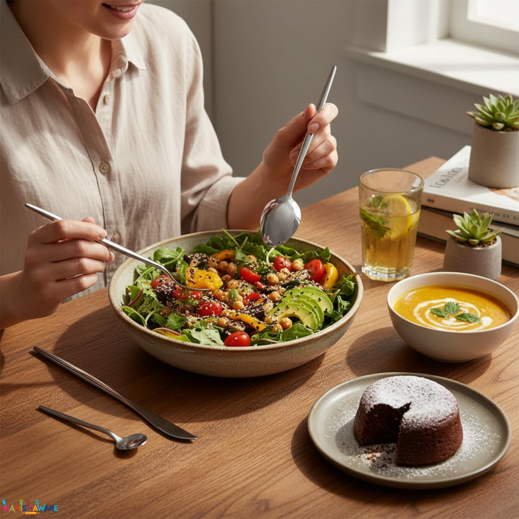 Manishaware Slim Handle Silver 4 Pcs Stainless Steel Cutlery Set for Dining Table, Dishwasher Safe Glossy Flatware (1 spoon set + 1 forks set + 1 Butter knife + 1 Dessert Spoon)