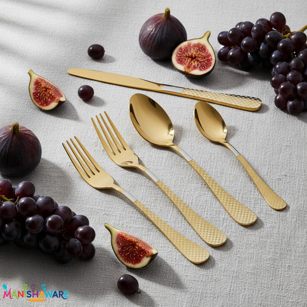 Manishaware Checkered Gold 10 Pcs Stainless Steel Cutlery Set for Dining Table, Dishwasher Safe Glossy Flatware (2 spoon set+2 forks set+2 Butter knife+2 Dessert Spoon+ 2 Fruit Fork)